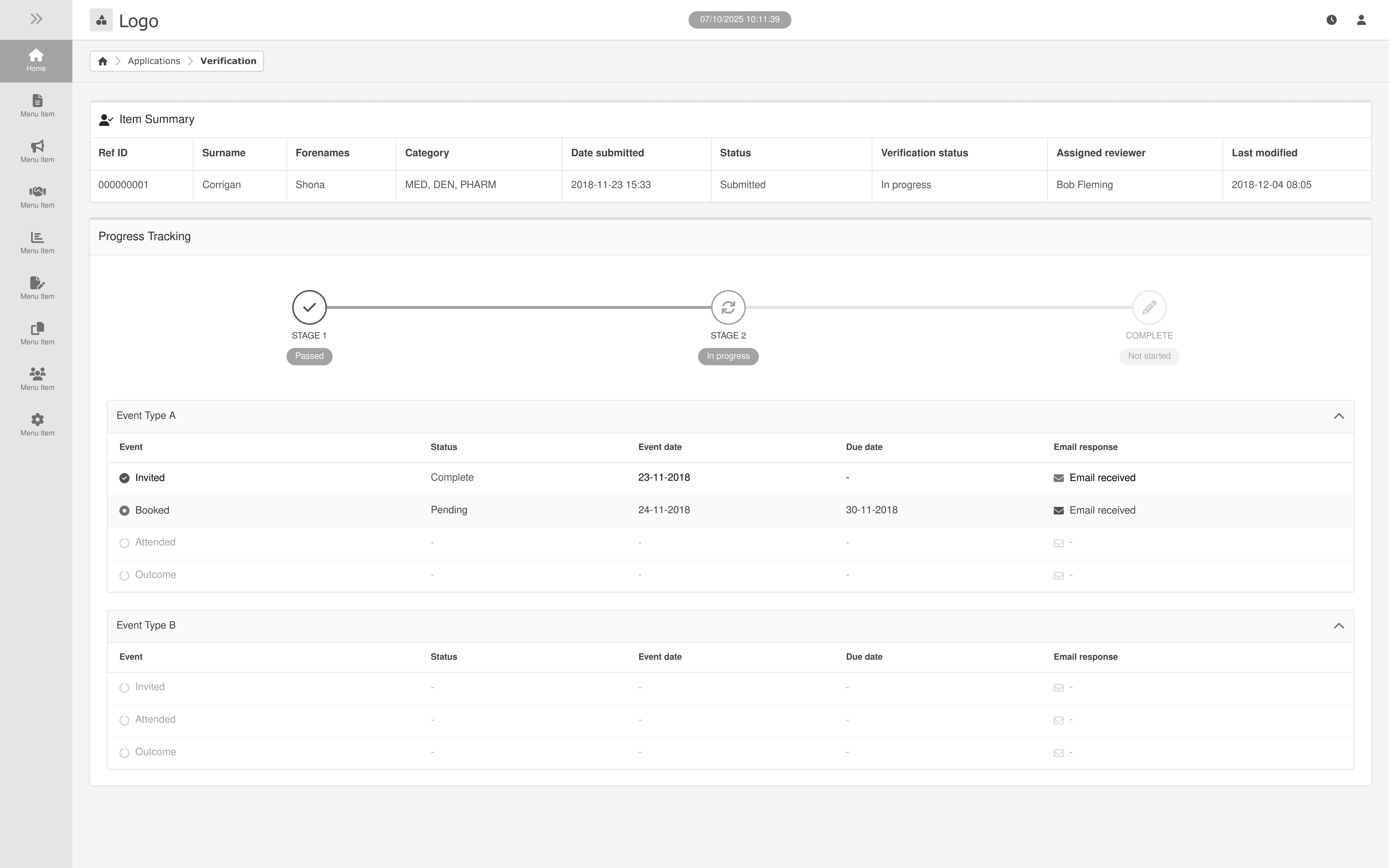 Verification dashboard showing applicant Shona Corrigan's progress through stages with event status and dates.