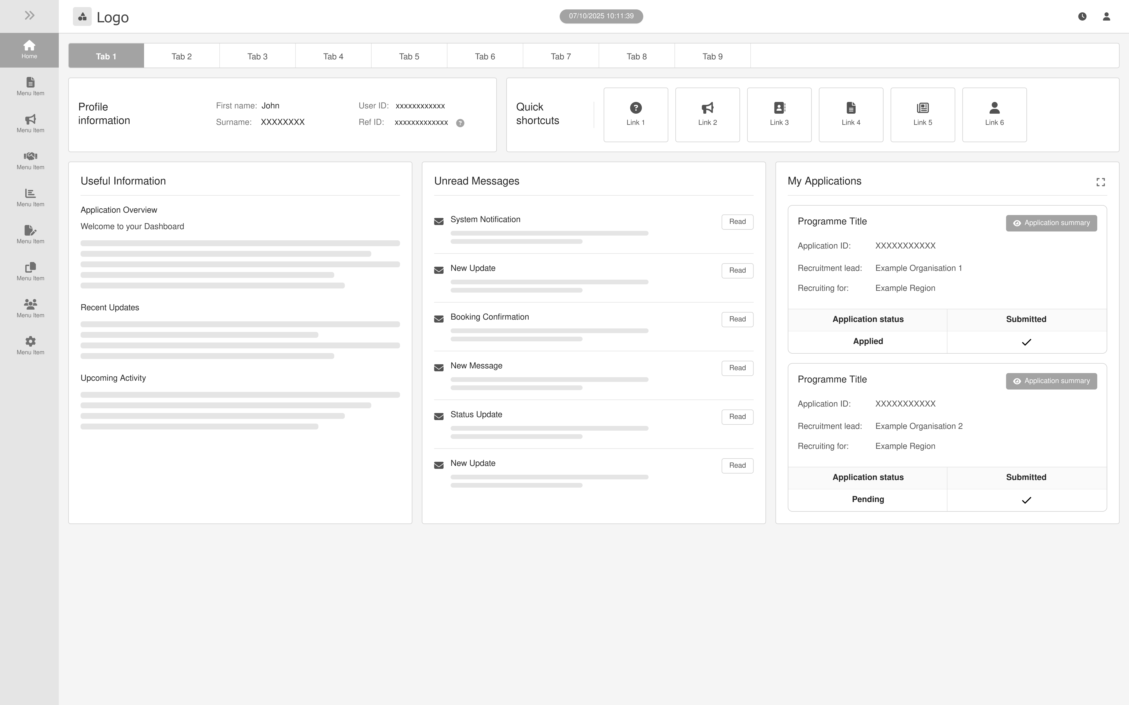 Dashboard interface with profile info, useful info, unread messages, quick shortcuts, and application status panels.