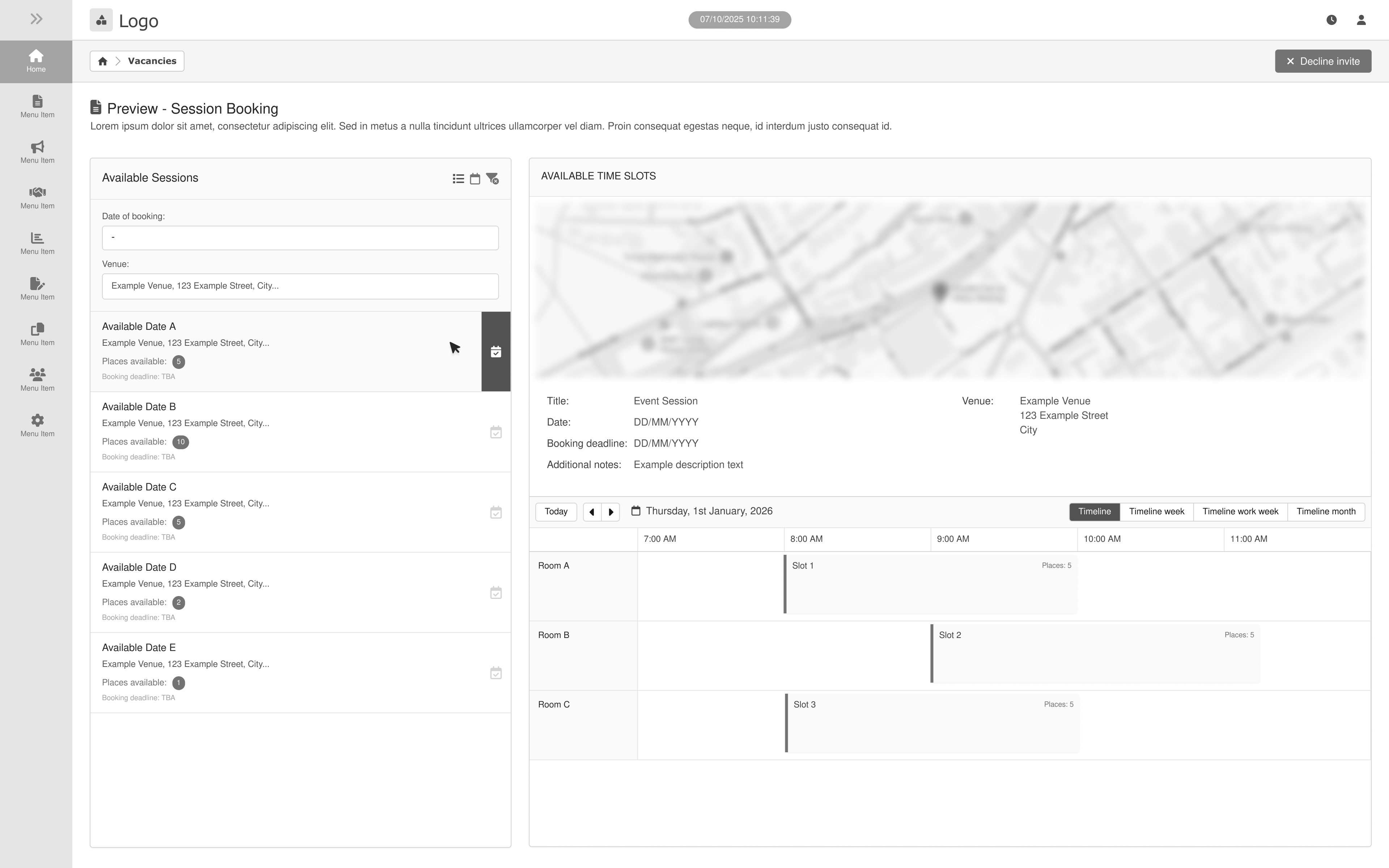 Session booking interface showing available dates, venue details, and time slots for event rooms.