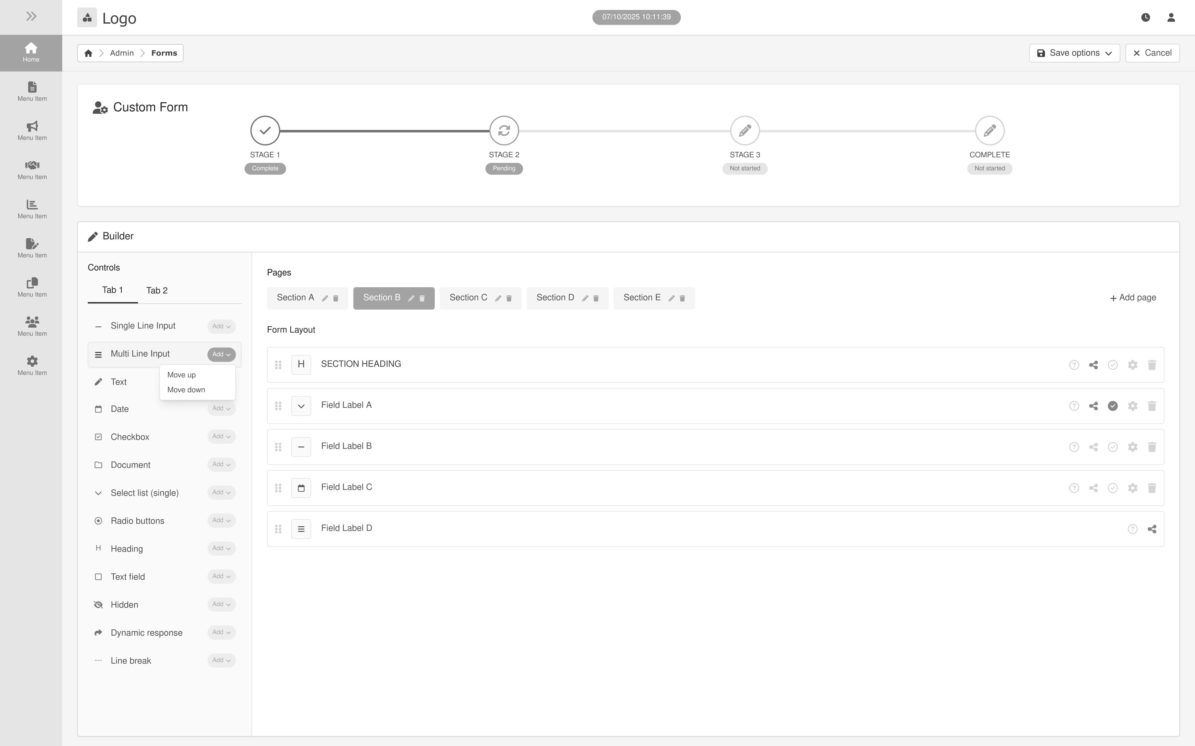 Admin form builder interface showing form stages, controls menu, and form layout with field labels.