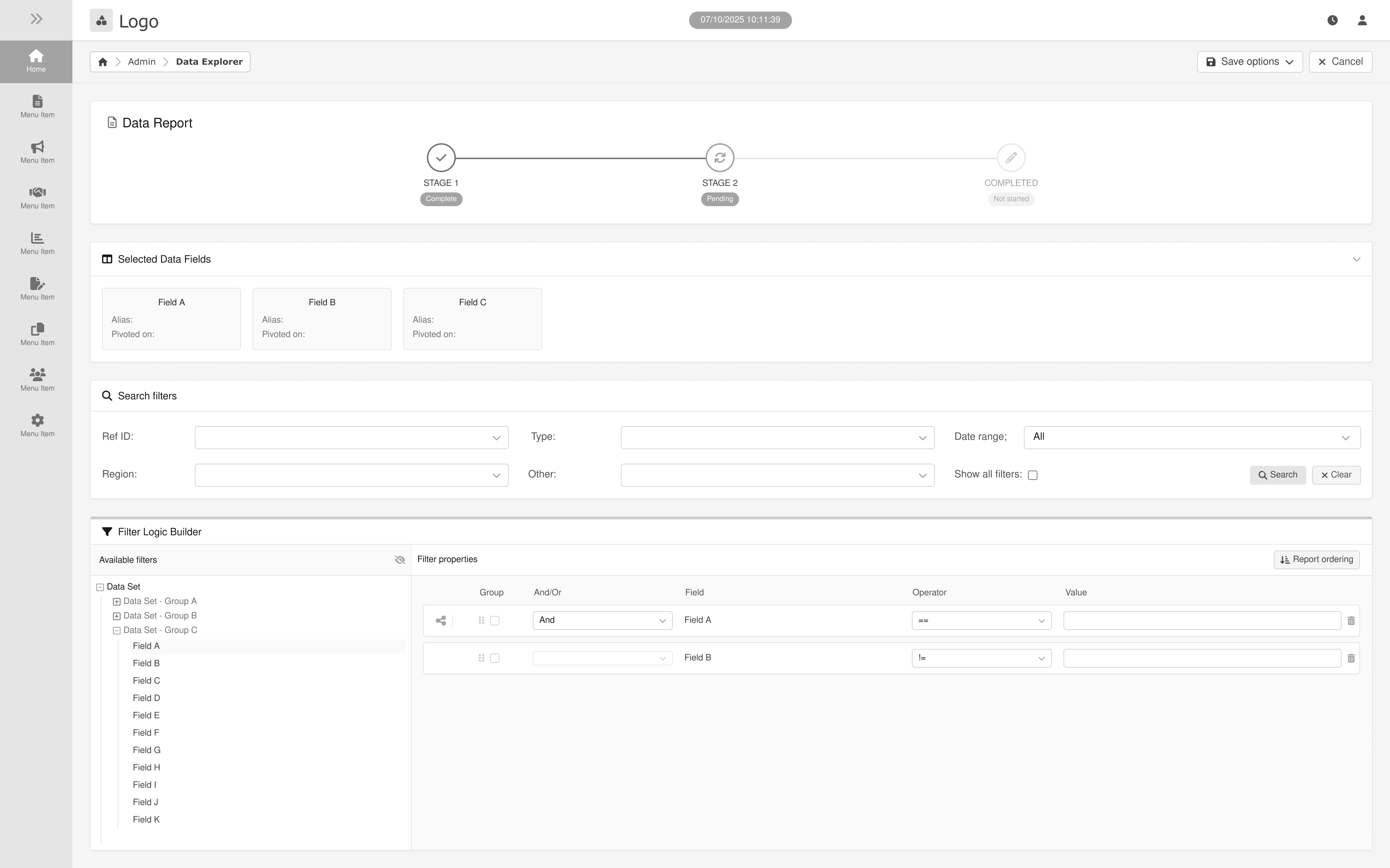 Data Explorer interface showing Data Report workflow, selected fields, search filters, and filter logic builder.