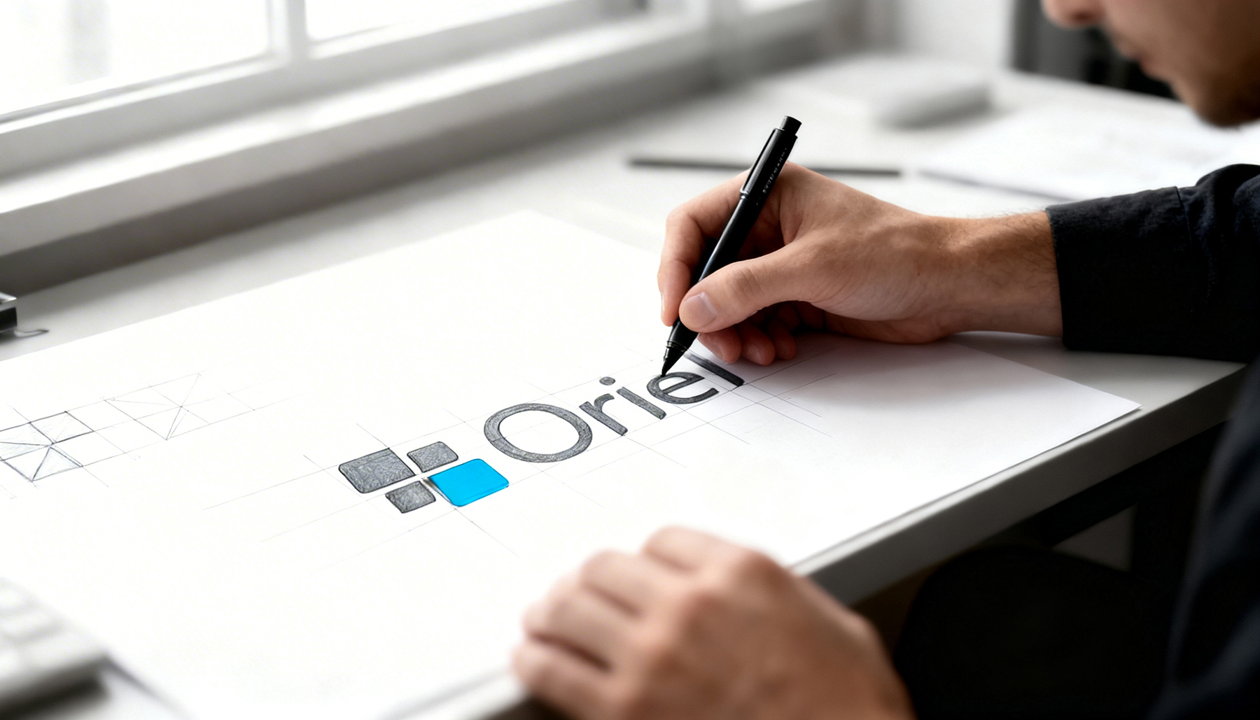 Person sketching the word 'Oriel' and a four-square logo on paper at desk.