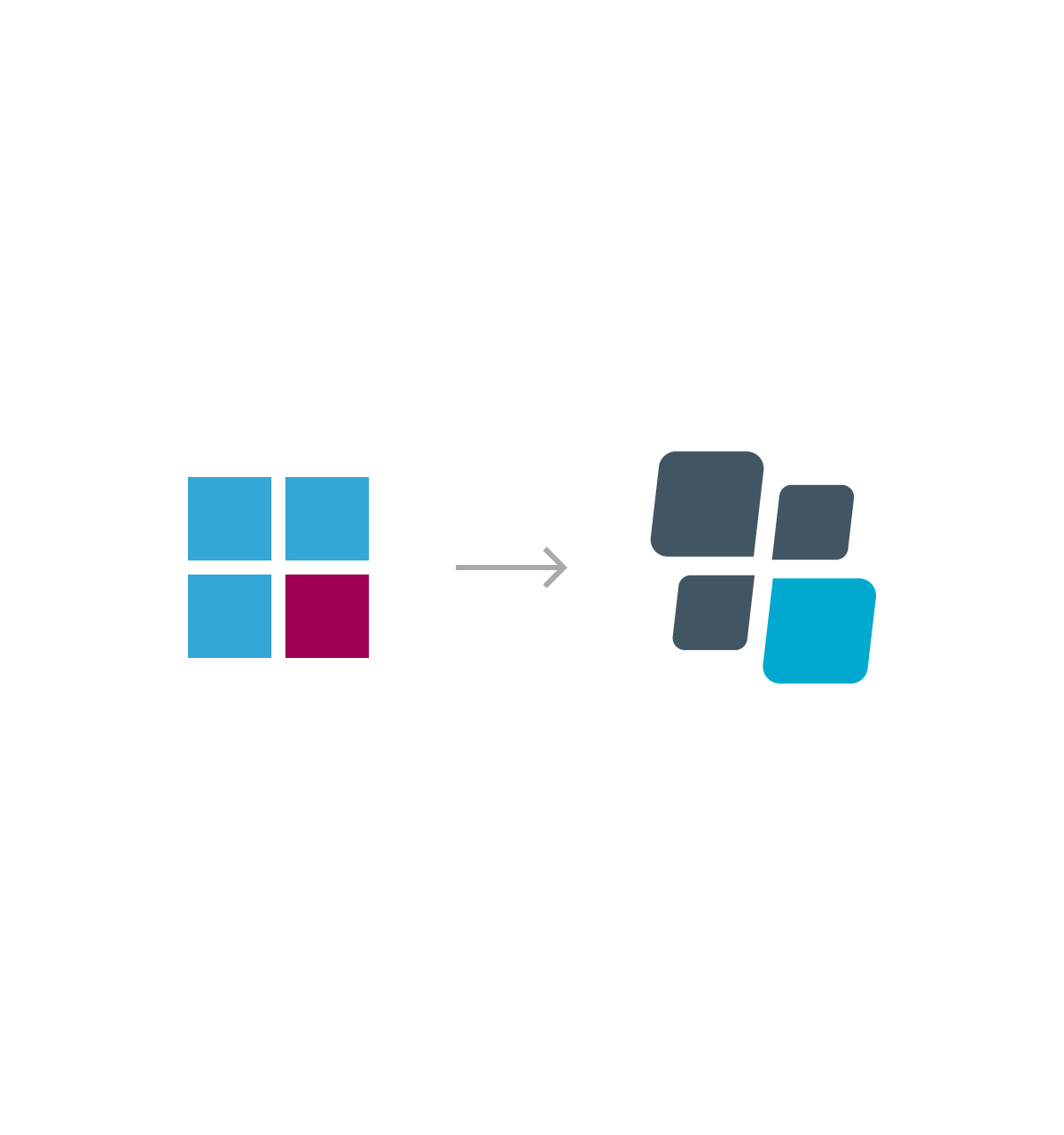 Old blue and magenta four-square icon transitioning to a rounded dark blue and cyan four-square icon.