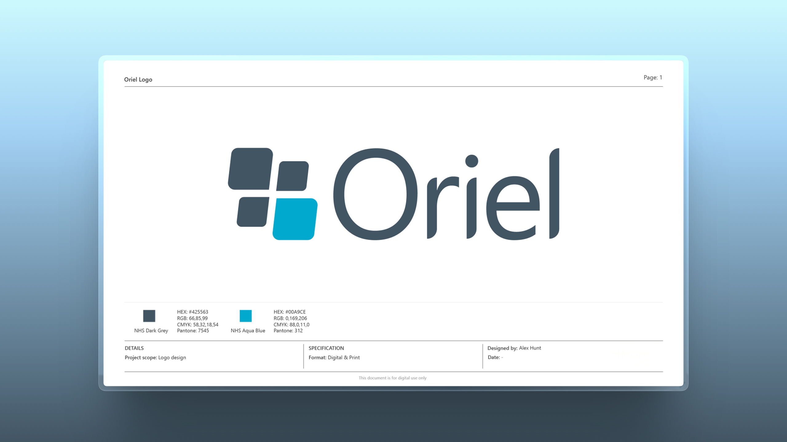 Logo design for Oriel with four squares and color codes for NHS Dark Grey and NHS Aqua Blue.