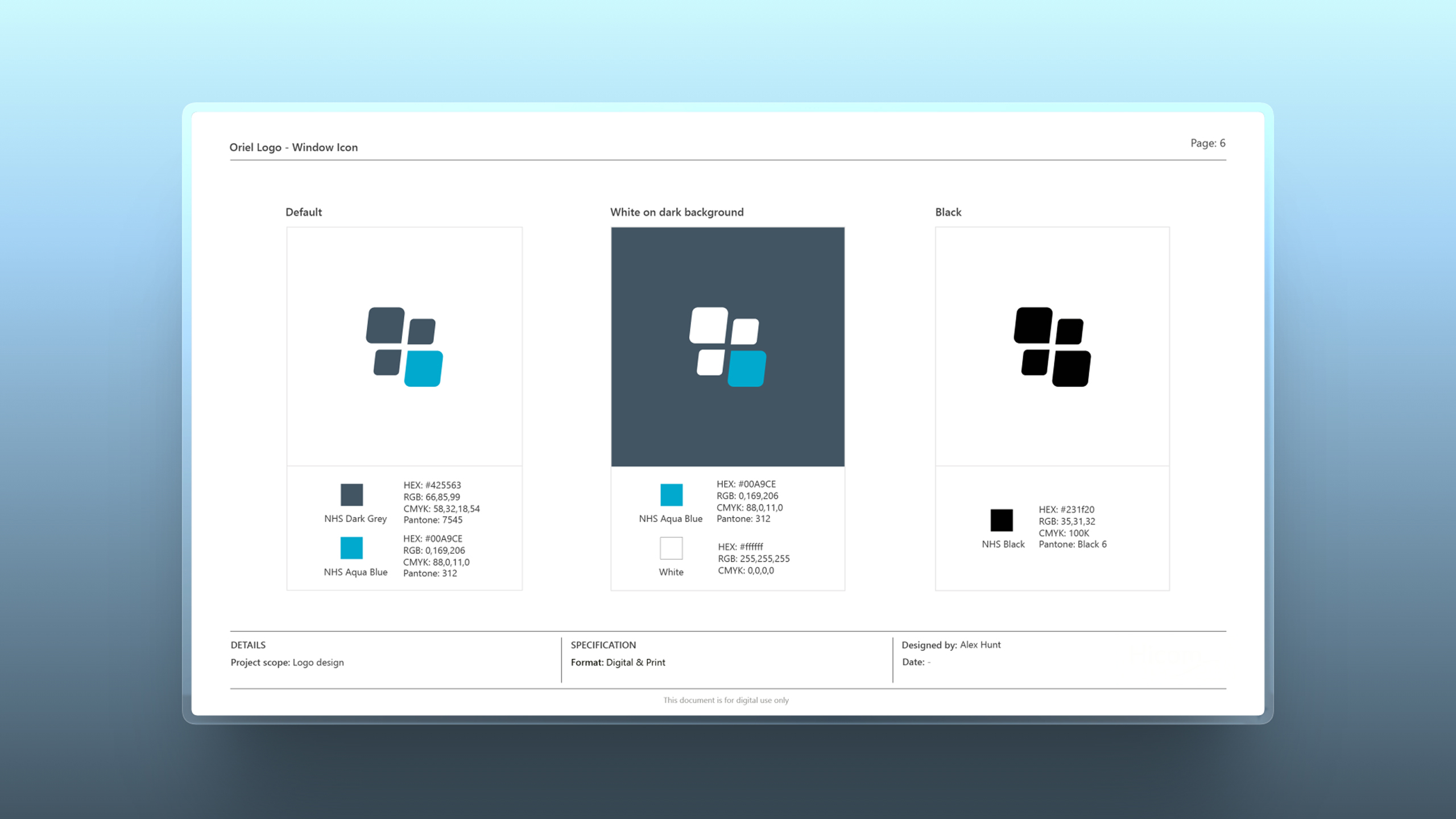 Three versions of Oriel logo window icon with color details and usage specifications.