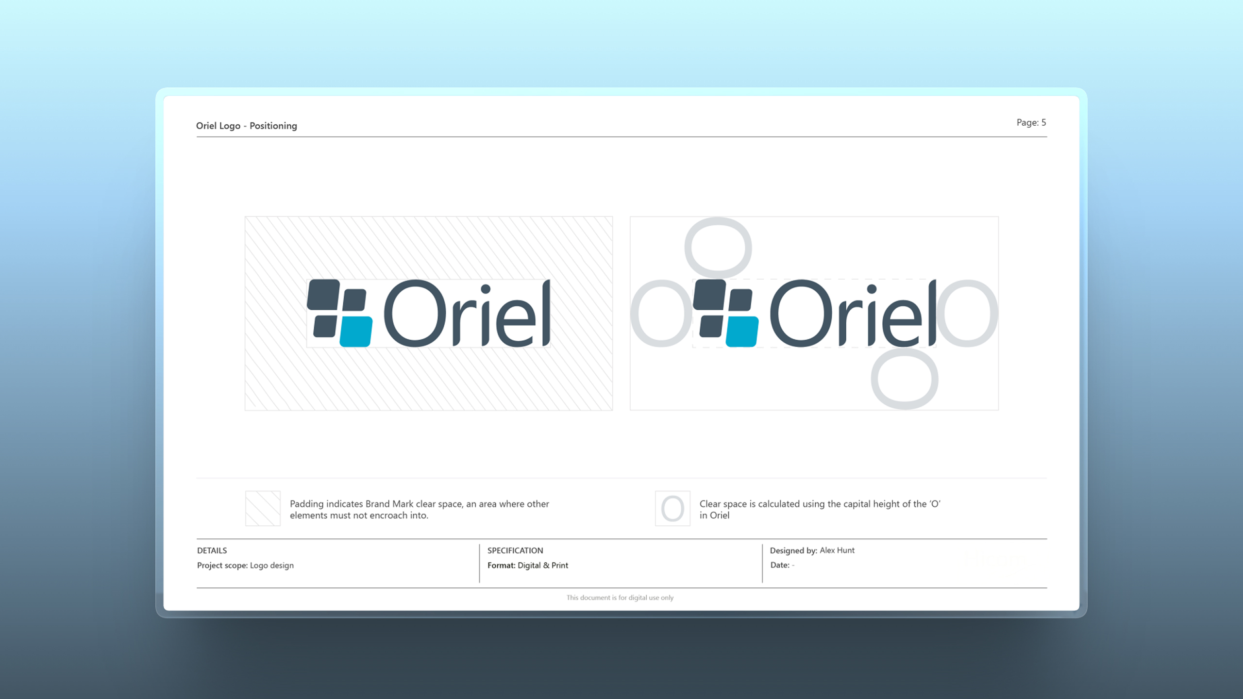 Page showing Oriel logo design and clear space guidelines using capital O height for spacing.