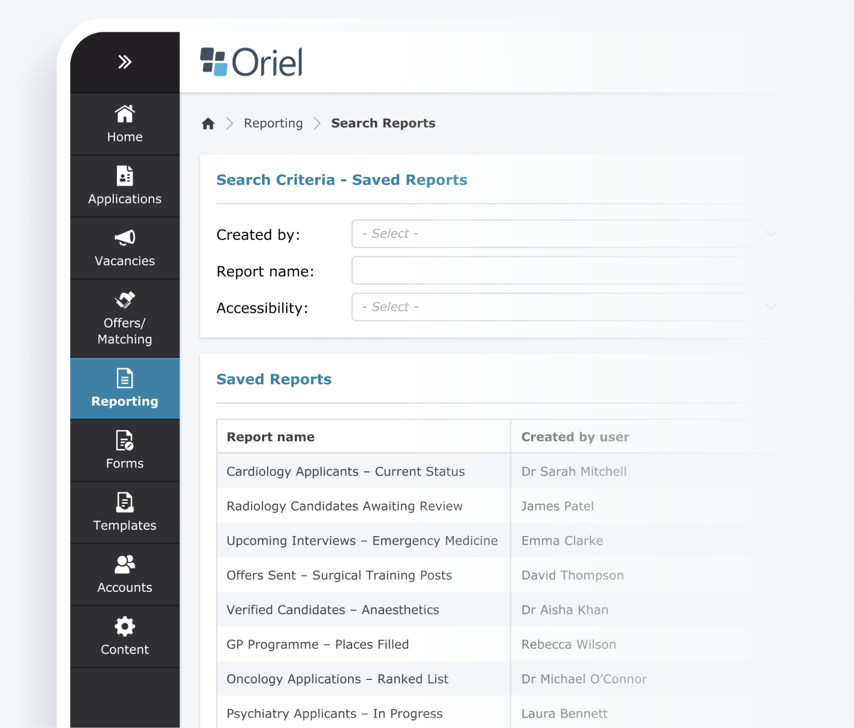 Oriel reporting interface showing saved reports with report names and creators in a table format.