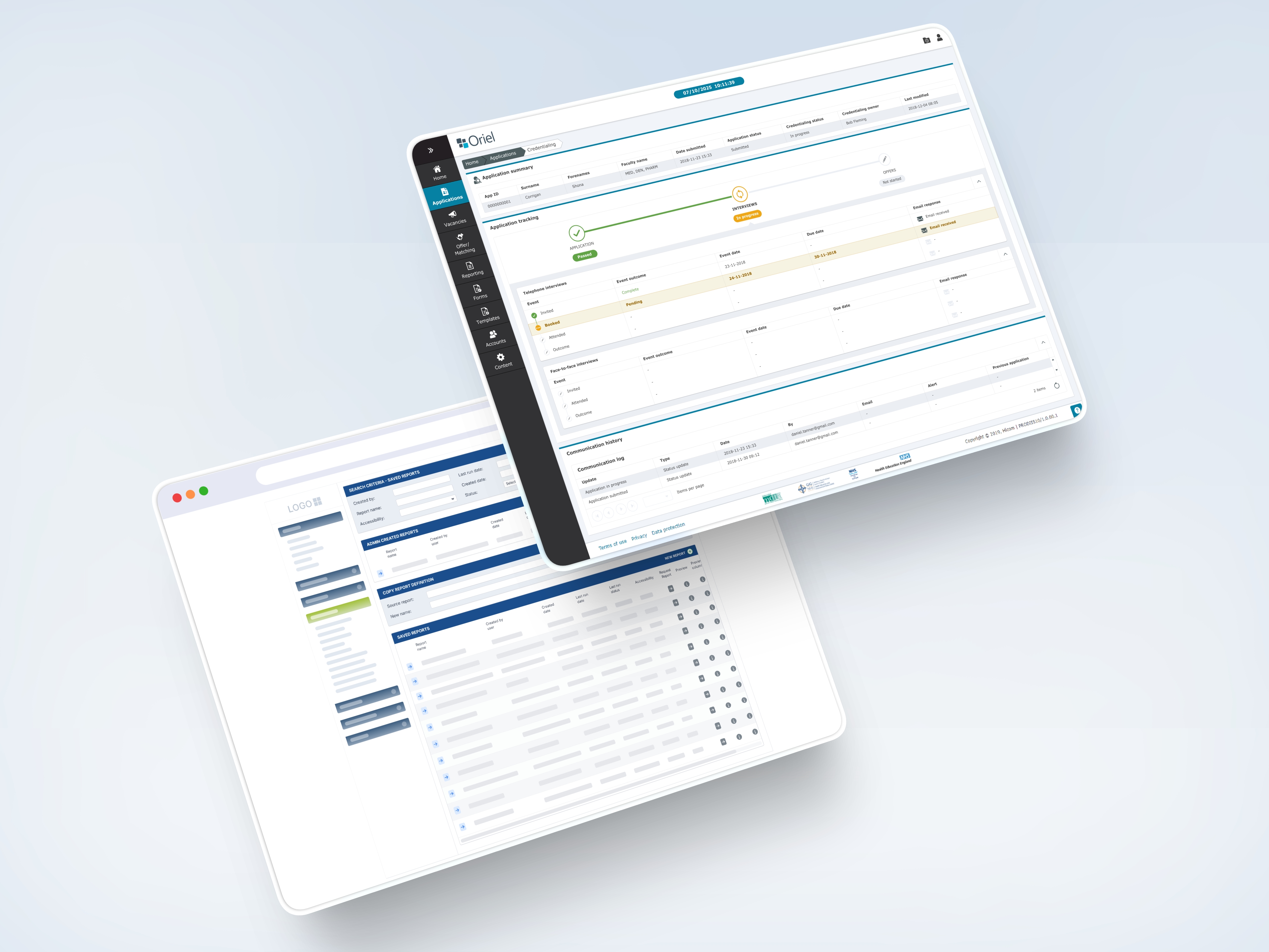 Two overlapping computer screens showing application tracking and report management interfaces.