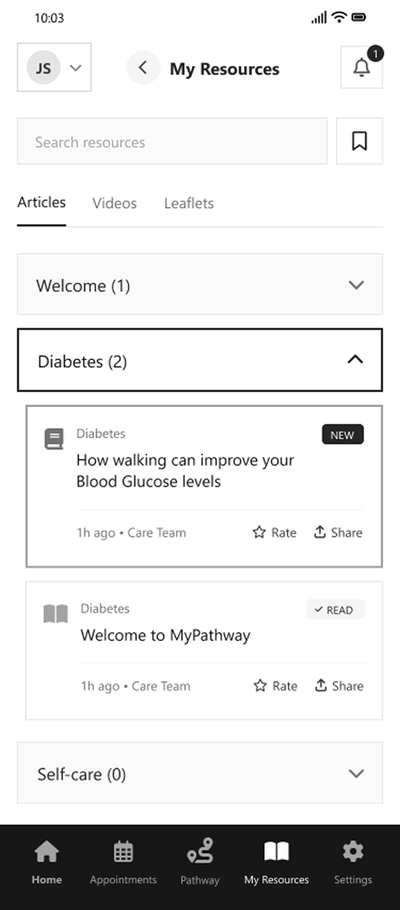 Mobile app screen showing My Resources with diabetes articles on blood glucose and MyPathway welcome.