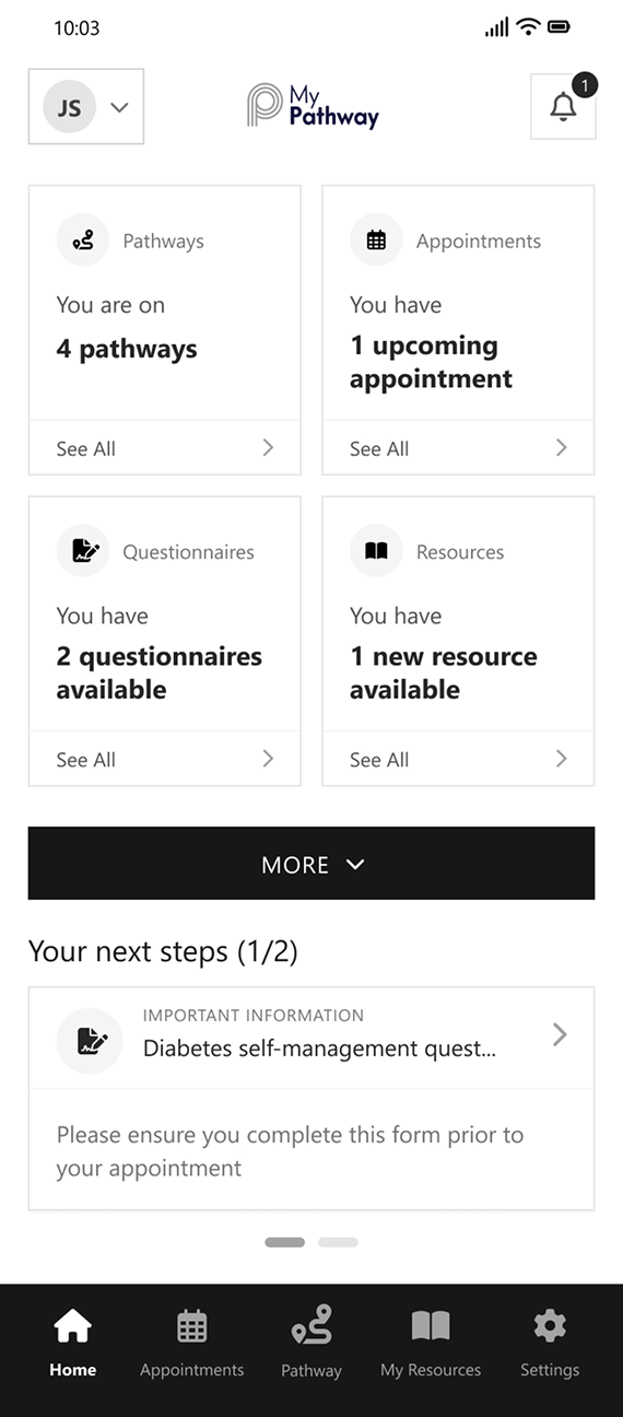 App dashboard showing 4 pathways, 1 upcoming appointment, 2 questionnaires, and 1 new resource available.