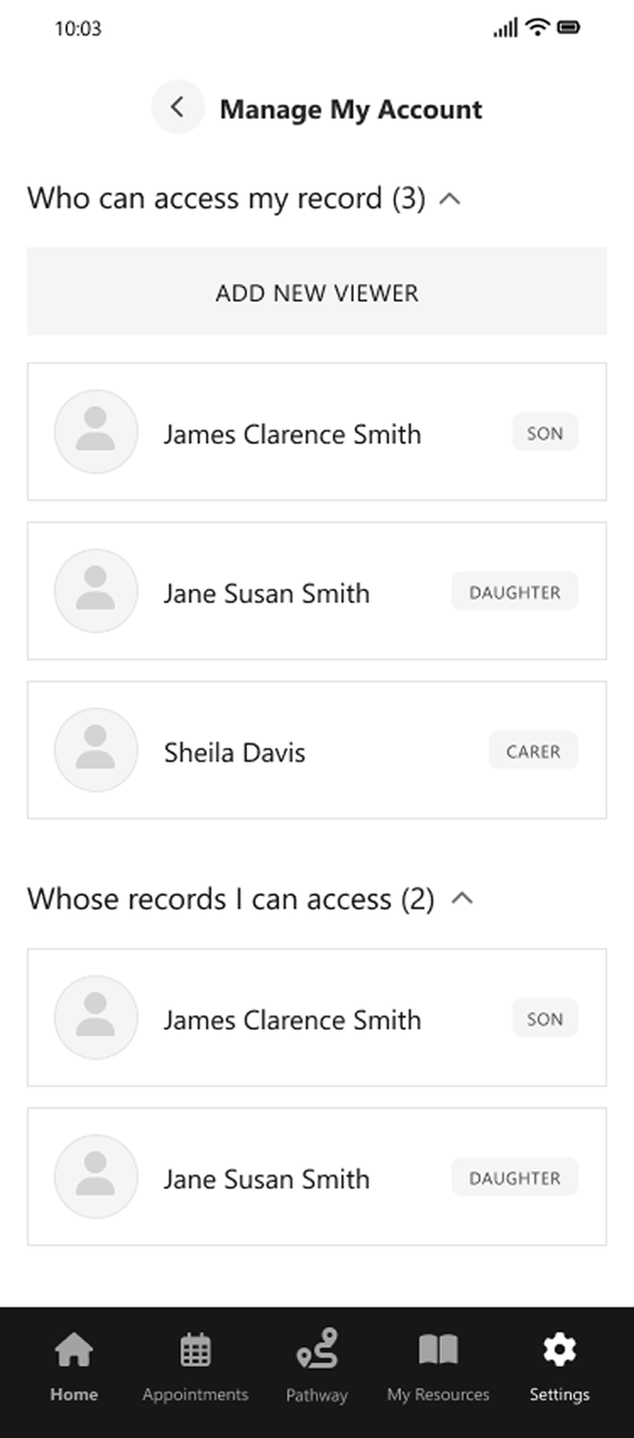 Mobile app screen showing account access settings with viewers and records access list.