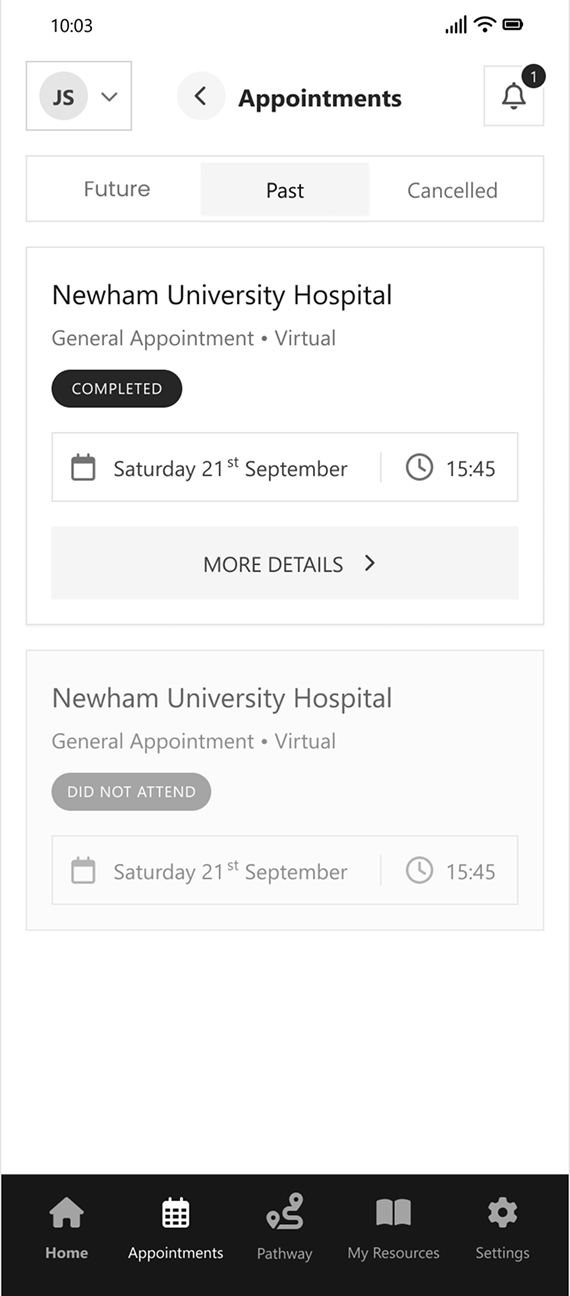 Mobile screen showing past virtual appointments at Newham University Hospital on September 21 at 15:45.