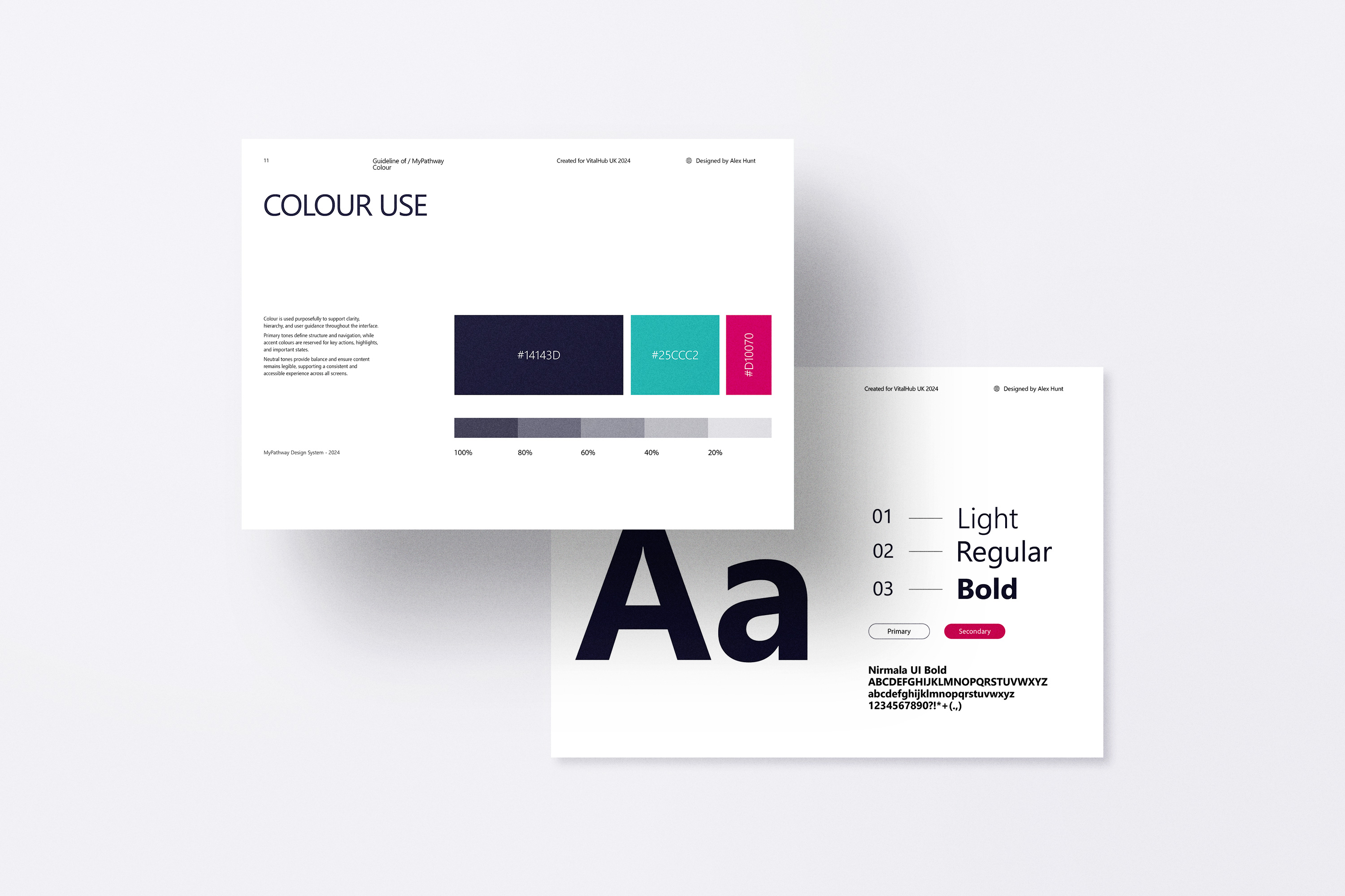 Brand guidelines showing color palette with hex codes and font styles Light, Regular, Bold in Nirmala UI.