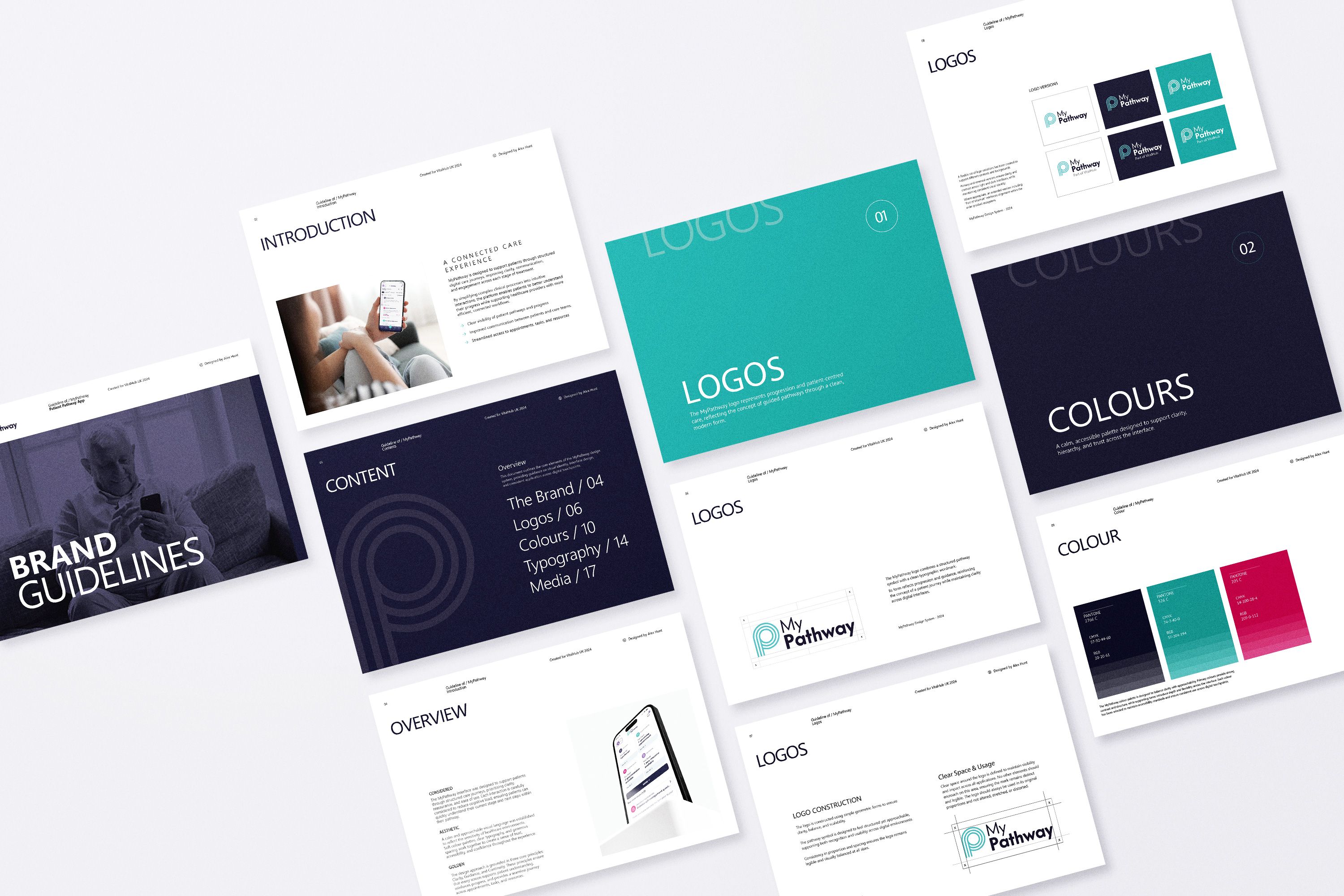 Multiple pages of a brand guideline document showing logos, colors, content, and overview layouts.