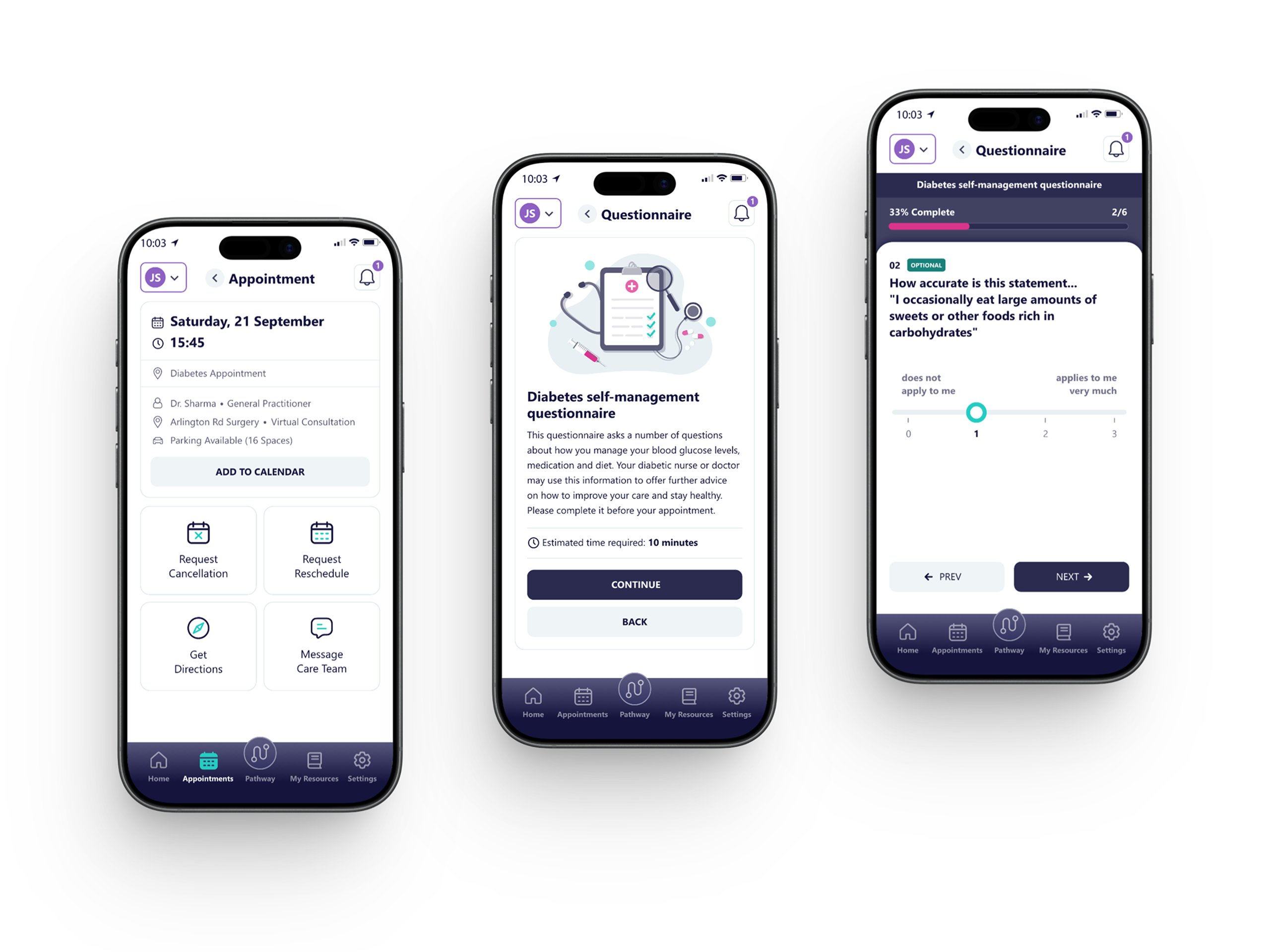 Three smartphones showing a diabetes app: appointment details, self-management questionnaire intro, and a dietary question.