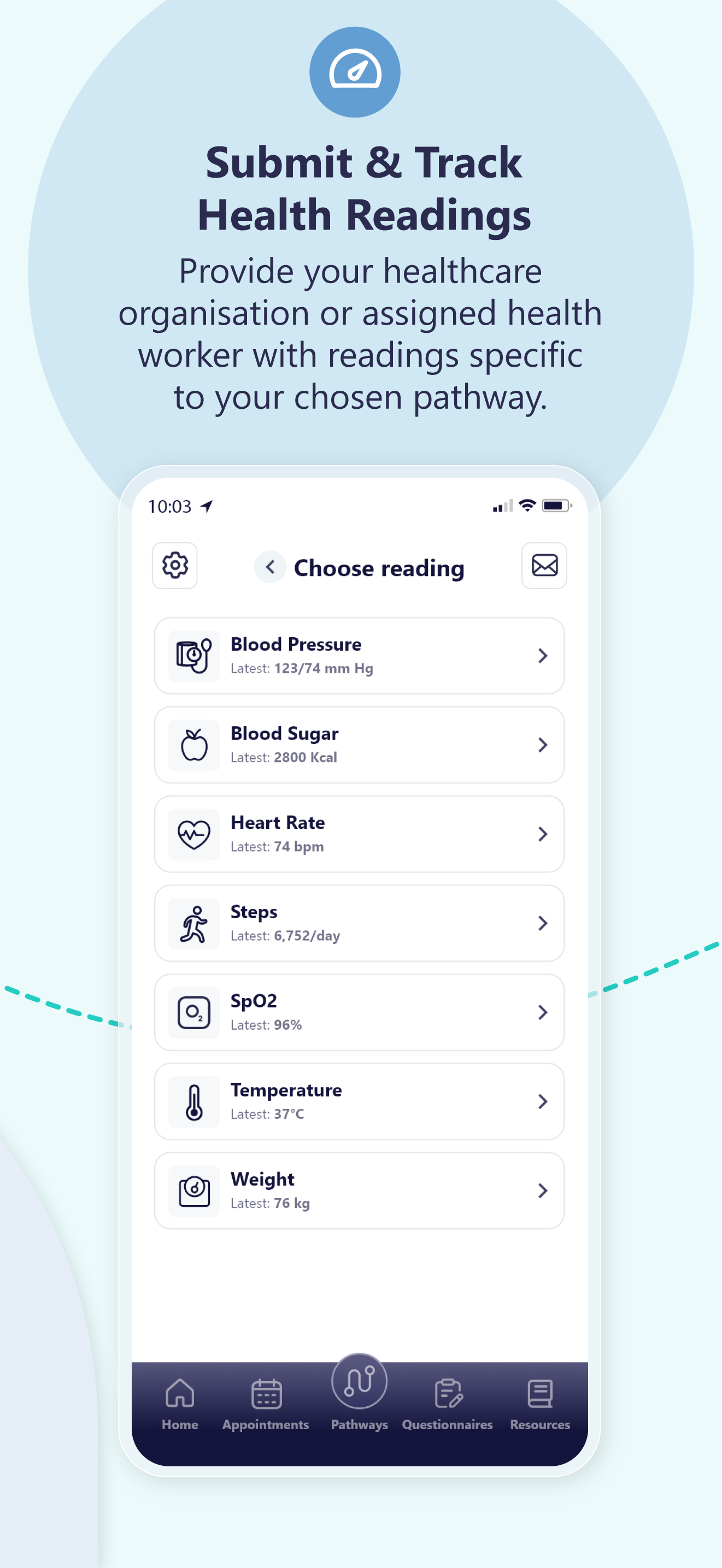 Mobile app screen showing options to submit and track health readings like blood pressure, sugar, steps, and weight.