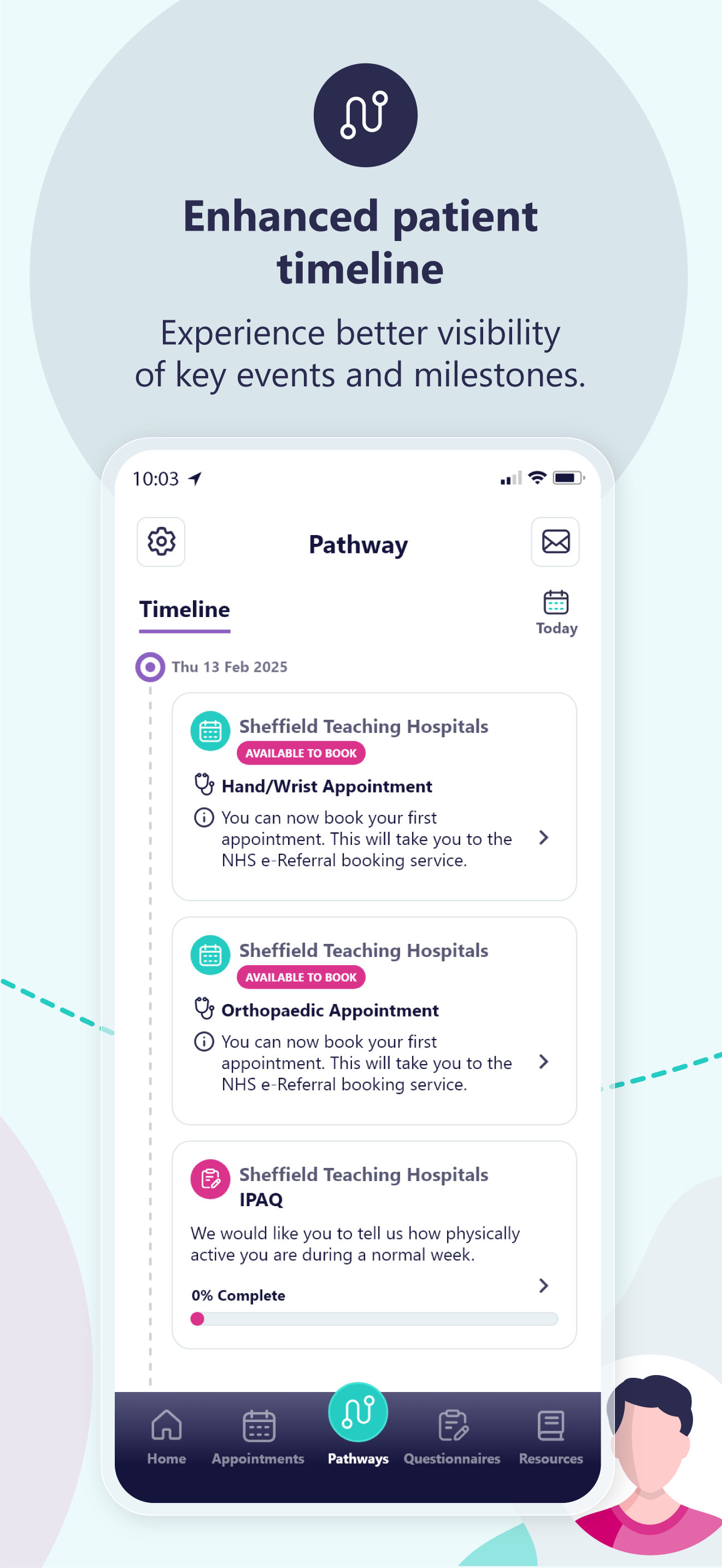 Mobile app screen showing a patient timeline with appointments and health questionnaires to book and complete.