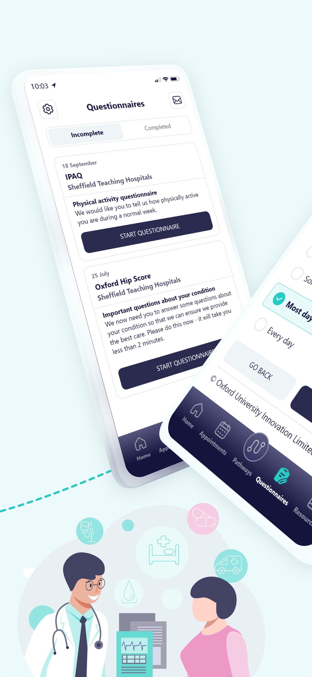 Mobile screens showing health questionnaires with a doctor and patient illustration below.