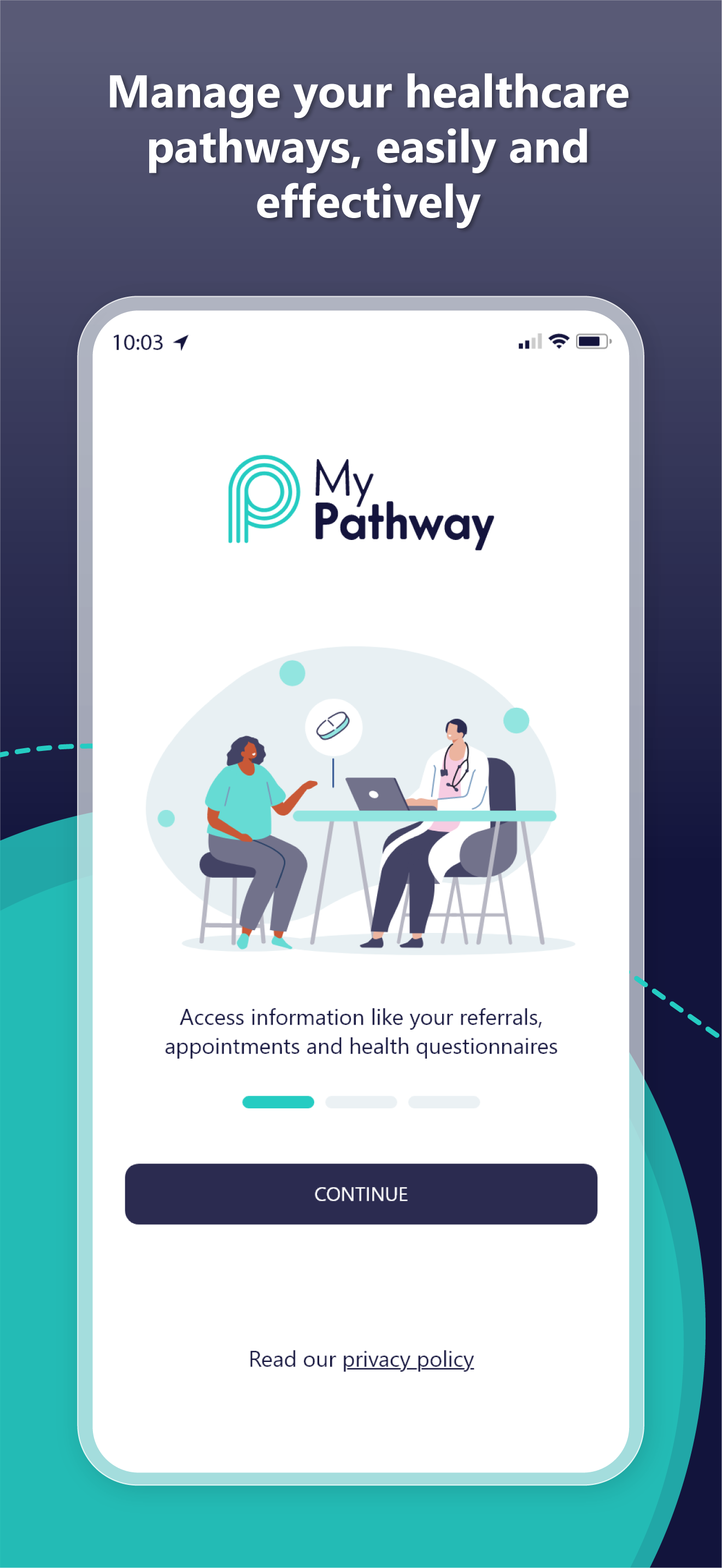 Mobile screen showing My Pathway app with doctor and patient illustration and healthcare management options.