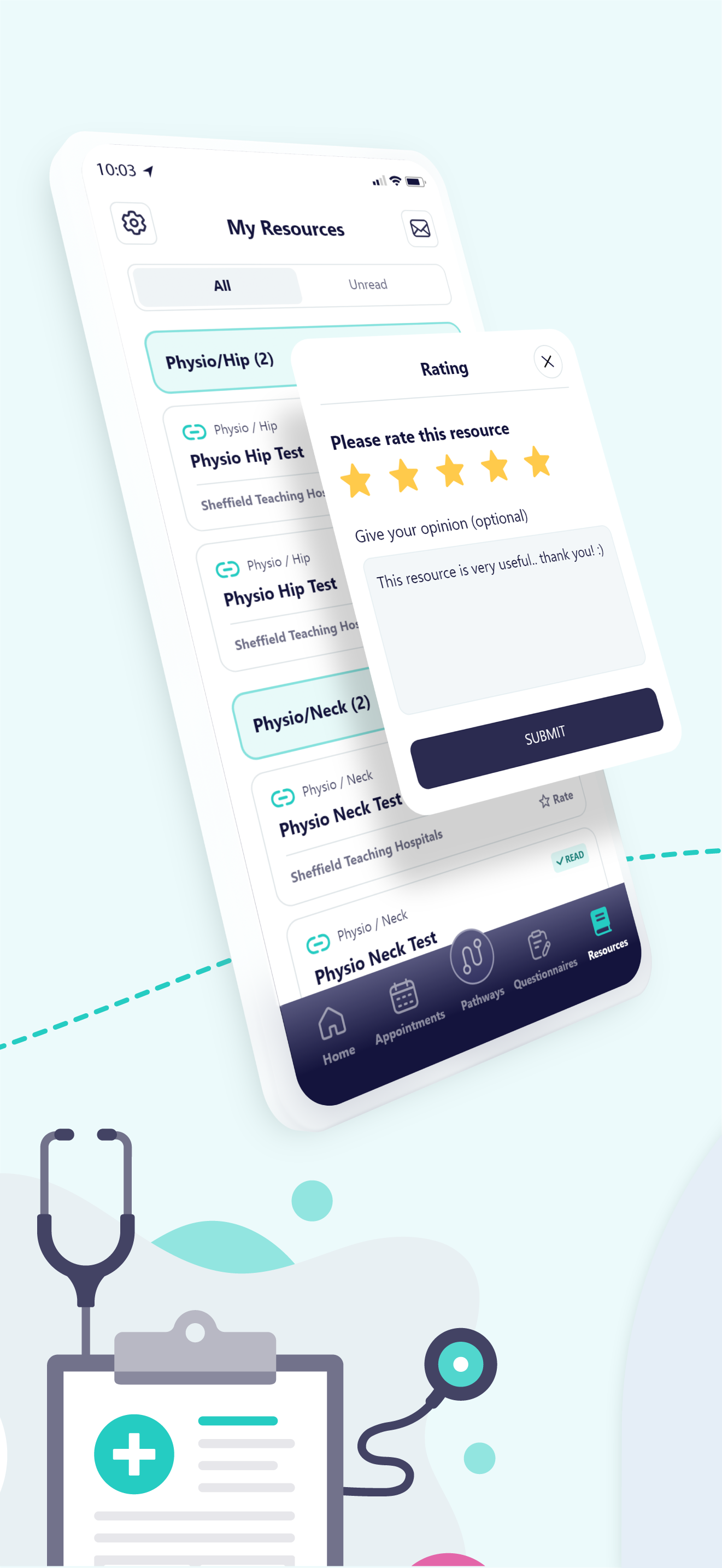 Mobile app screen showing physiotherapy resource list with a five-star rating pop-up and submit button.