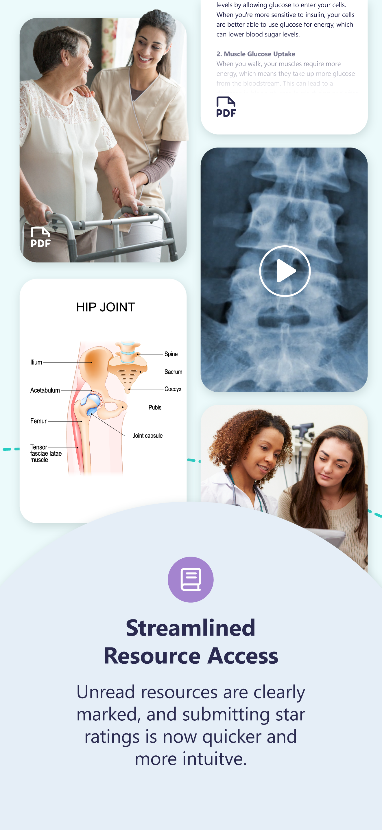 Collage: nurse assisting elderly woman with walker, hip joint diagram, spinal X-ray, and doctor consulting patient.