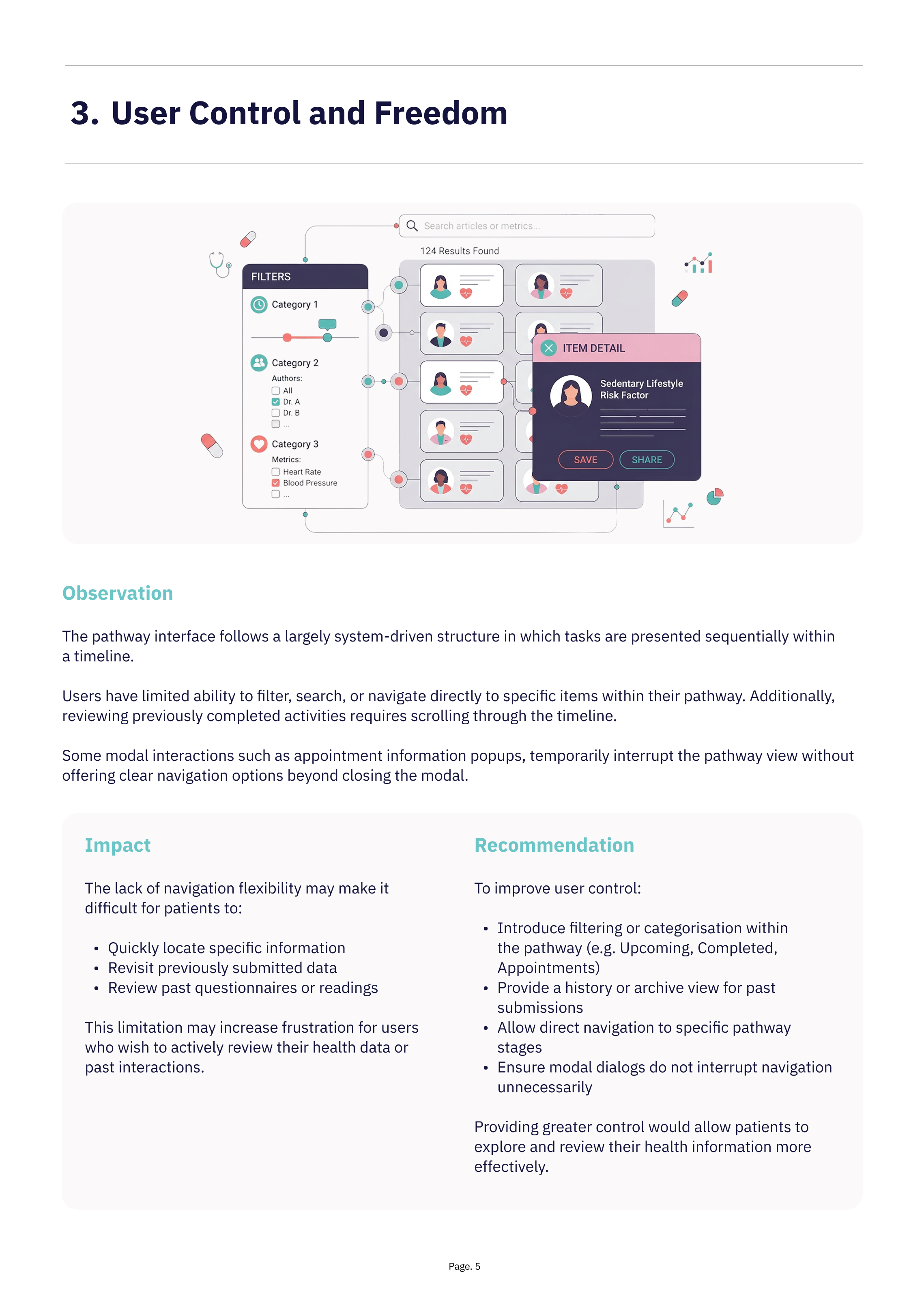 Illustration of a filtering and item detail interface showing user control challenges in navigating health data.