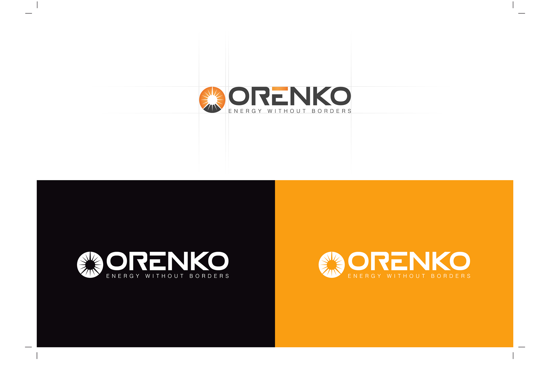 ORENKO logo with sunburst icon and tagline Energy Without Borders in three color variations.