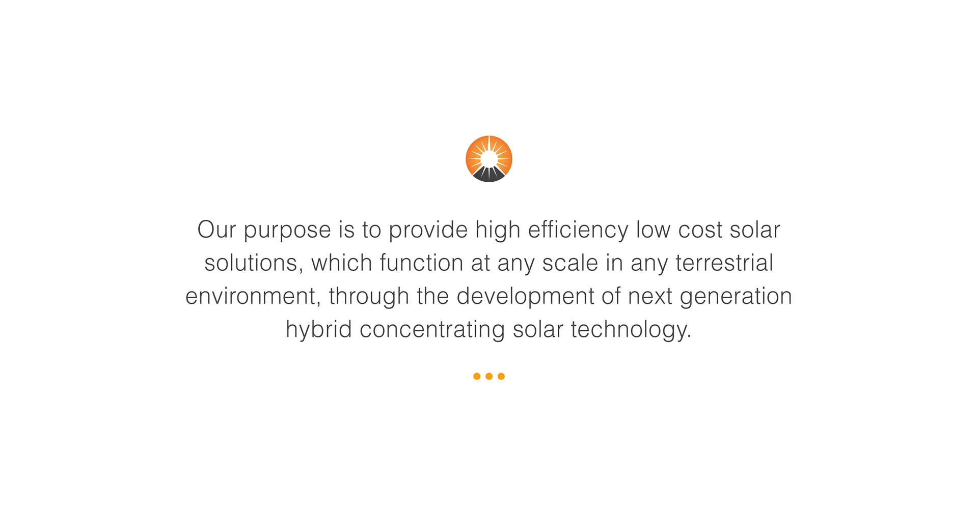 Text stating the purpose of providing efficient low-cost solar solutions via next-gen hybrid concentrating solar tech.