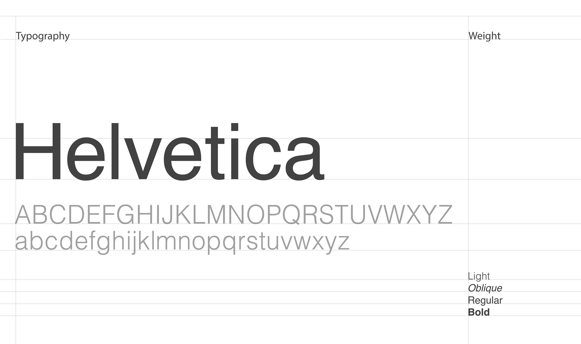 Typography sample showing Helvetica font with uppercase, lowercase letters, and weights light, oblique, regular, bold.
