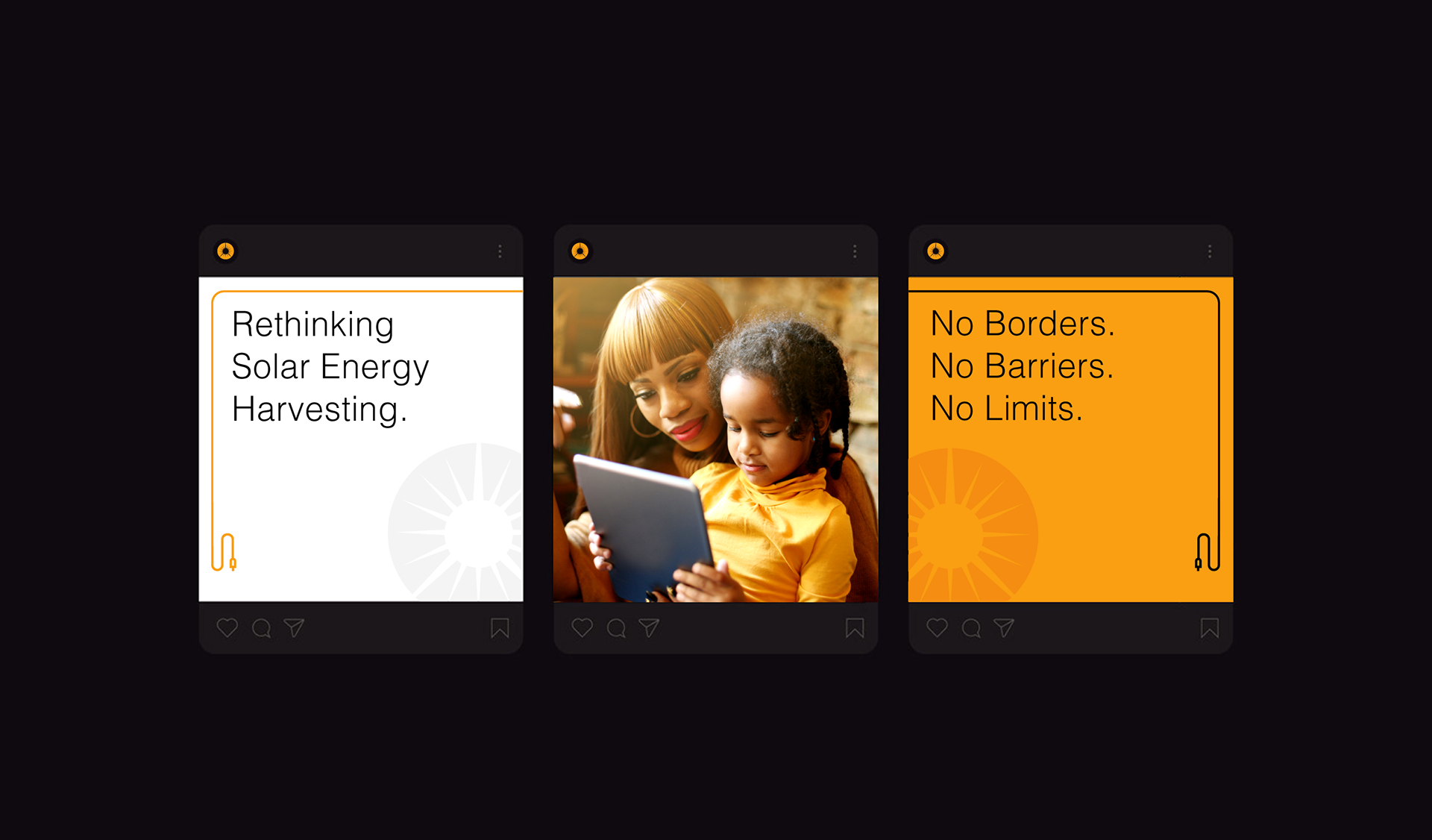Three social media posts: text on solar energy, photo of woman and child with tablet, and a message about no borders.