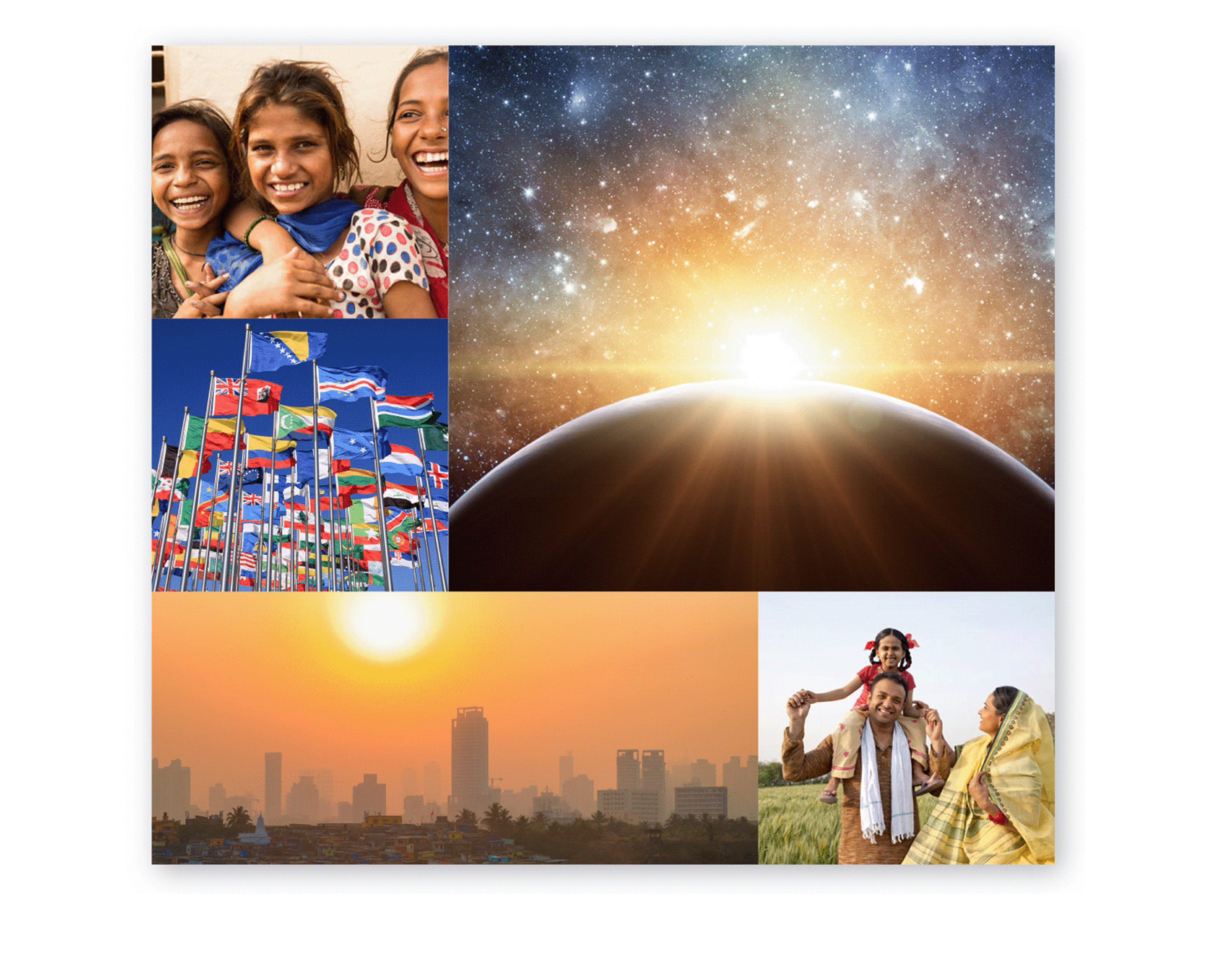Collage: smiling children, sunrise over Earth from space, flags, city skyline, and joyful family in traditional clothing.