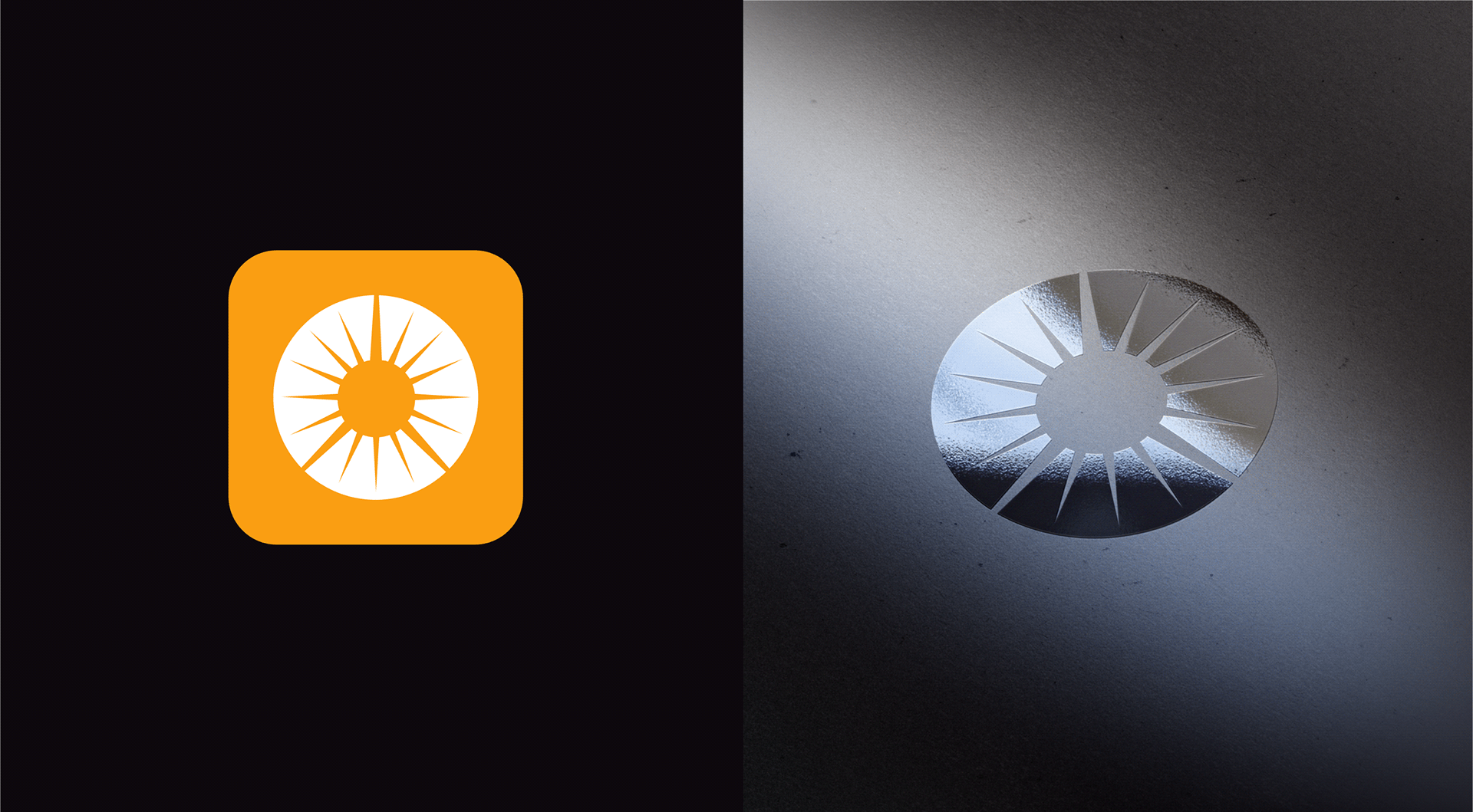 Side-by-side images of a sunburst icon: orange background with white sunburst and a metallic embossed sunburst on gray.