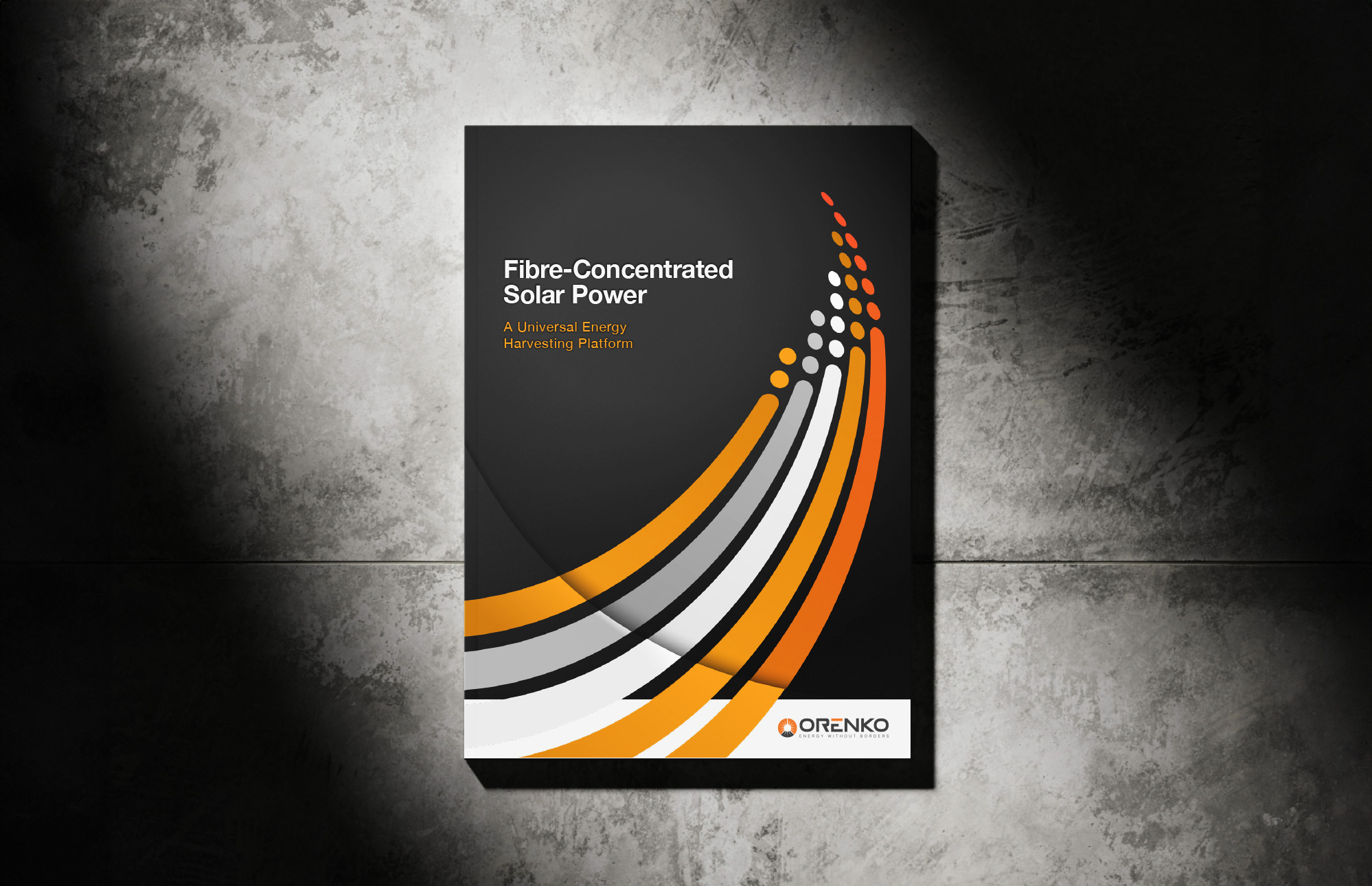 Black brochure titled 'Fibre-Concentrated Solar Power' with orange and white curved lines and Orenko logo.
