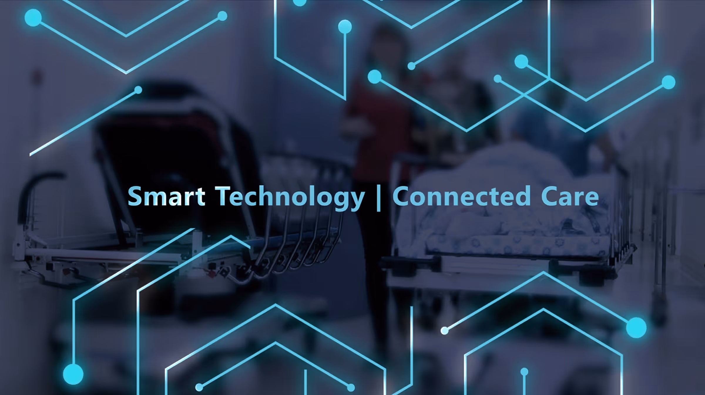 Hospital hallway with medical beds and blue digital network lines and text saying Smart Technology Connected Care.