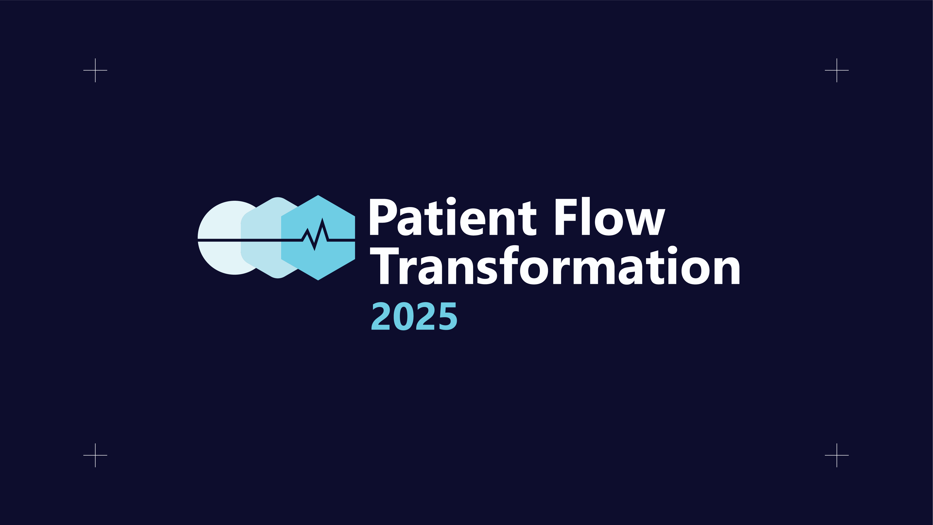 Logo with three overlapping shapes and heartbeat line for Patient Flow Transformation 2025.