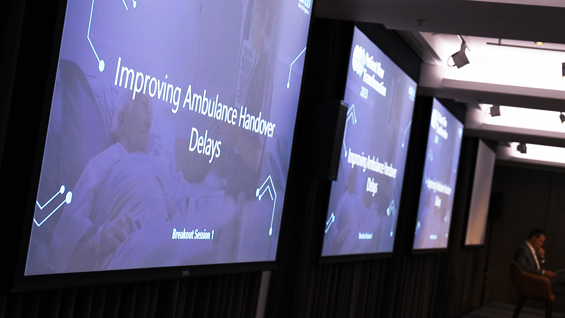 Three screens displaying ‘Improving Ambulance Handover Delays’ in a conference room with a seated person.