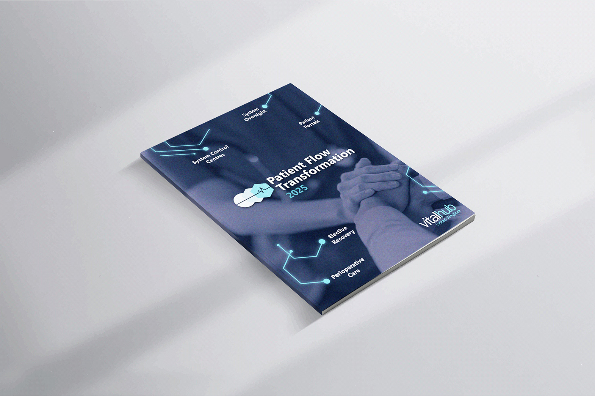 Book titled Patient Flow Transformation 2025 by VitalHub UK showing hands holding and care themes