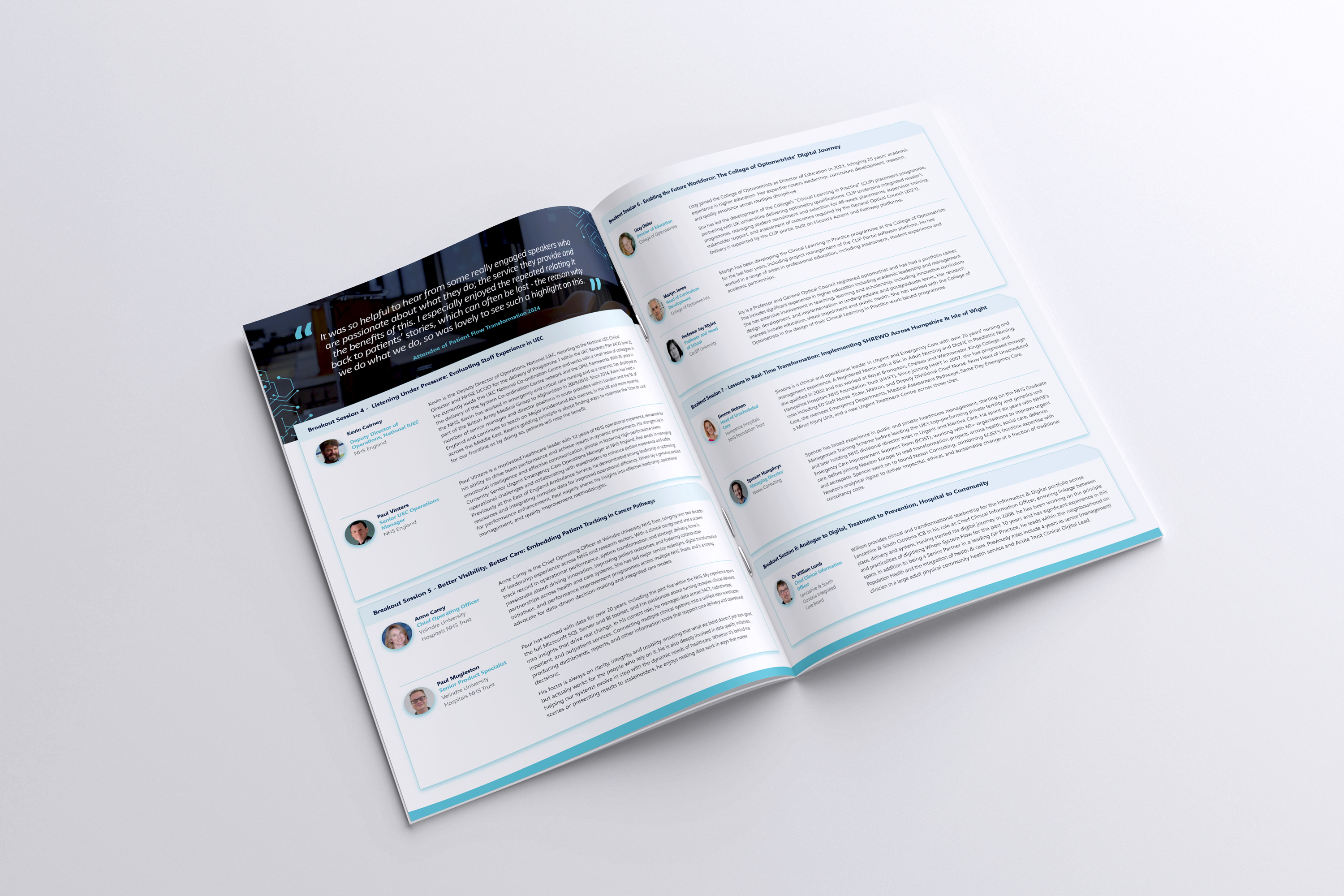 Open brochure with text and speaker profiles on healthcare topics and experiences across two pages.