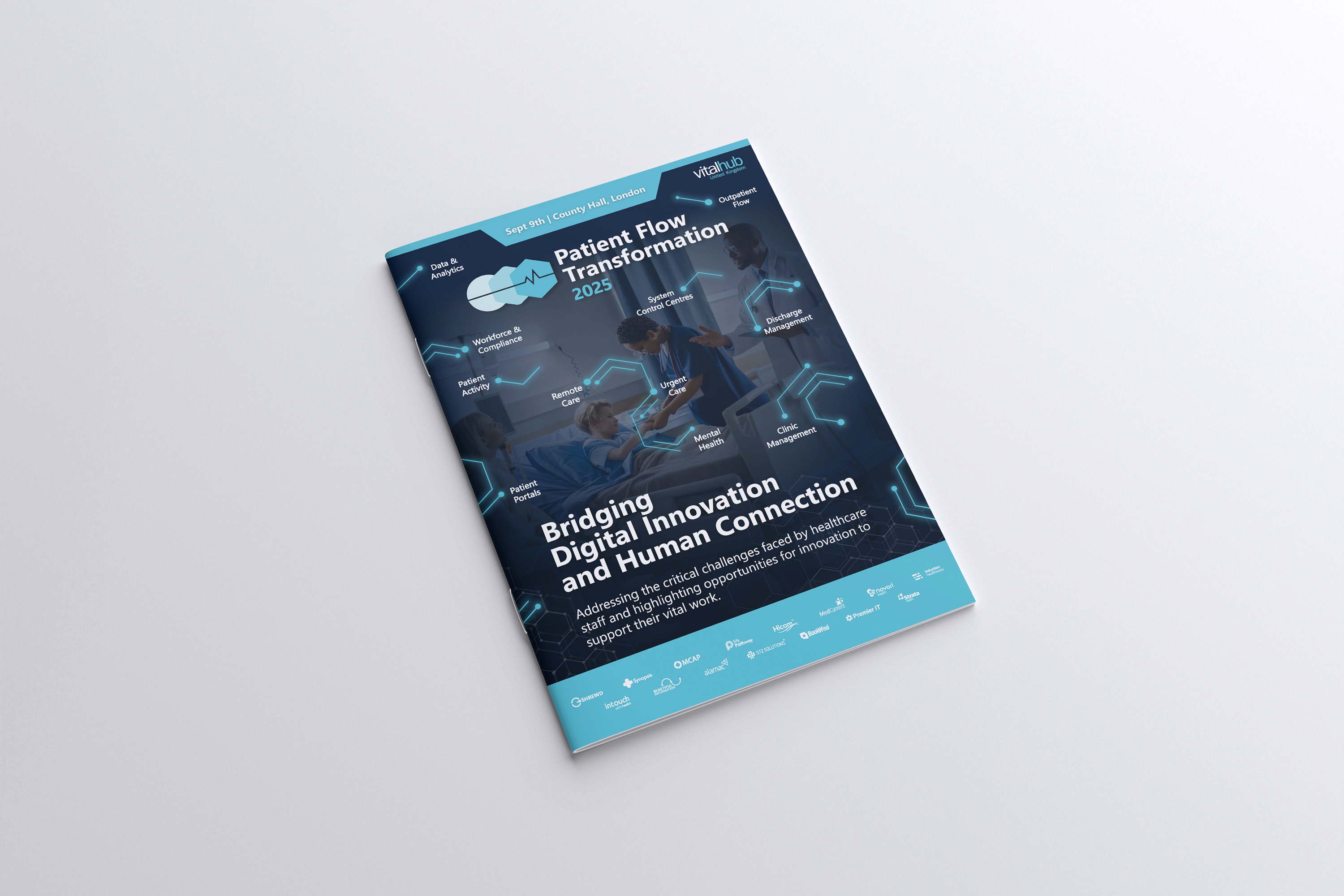 Brochure titled 'Patient Flow Transformation 2025' about bridging digital innovation and human connection in healthcare.
