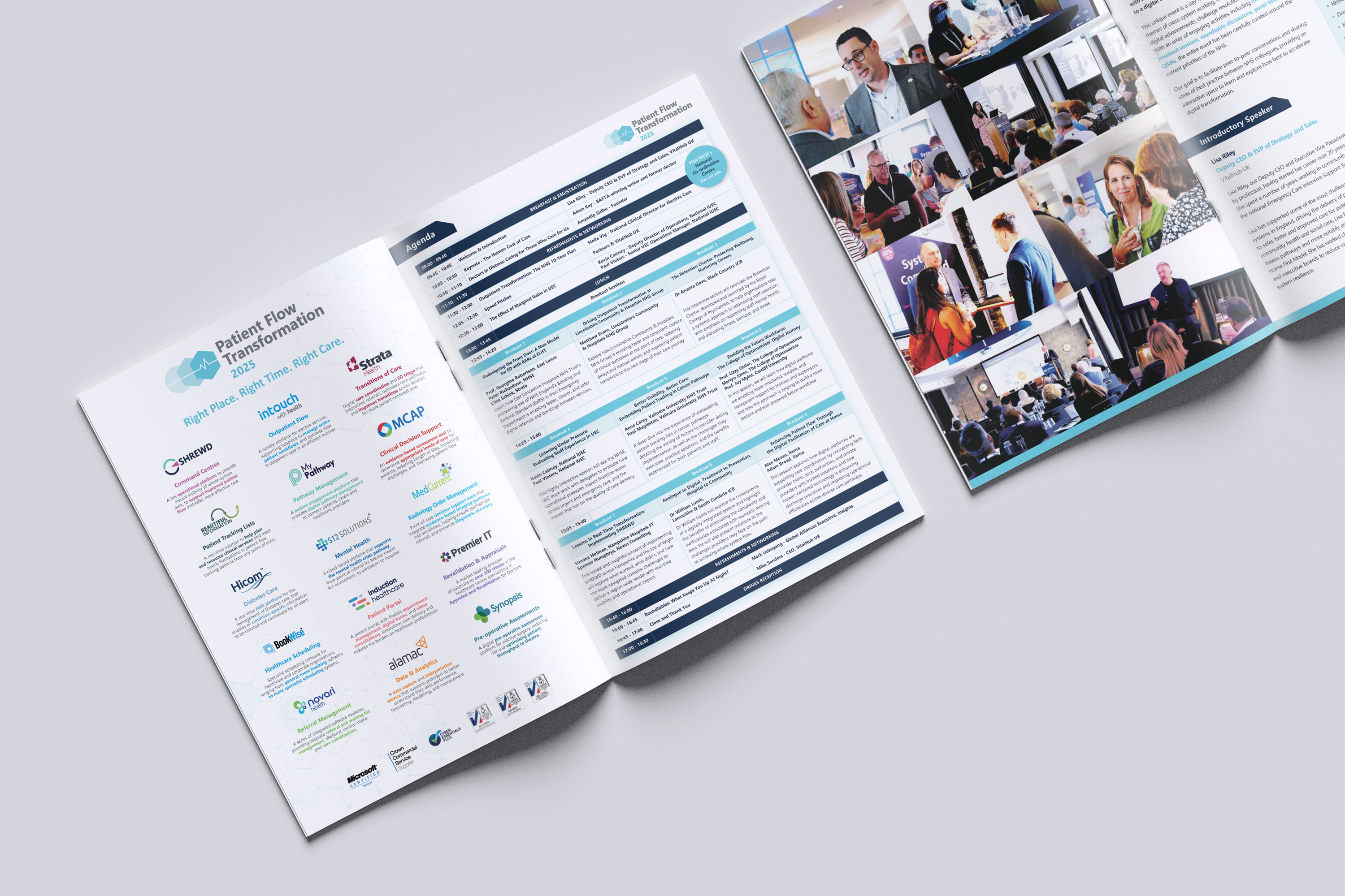 Open booklet showing Patient Flow Transformation 2025 agenda, sponsors, and event photos inside a brochure.