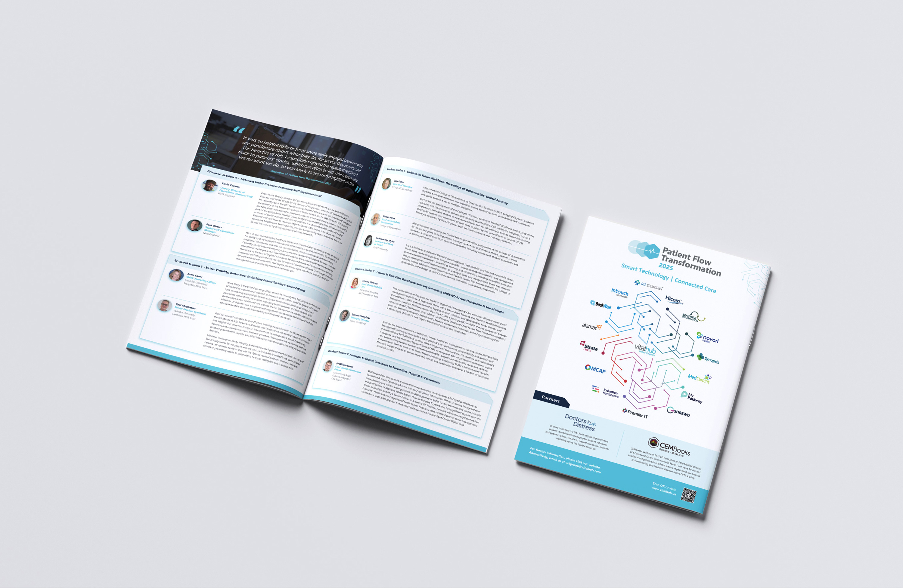 Patient Flow Transformation 2025 brochure showing smart tech, partners, and expert session summaries.
