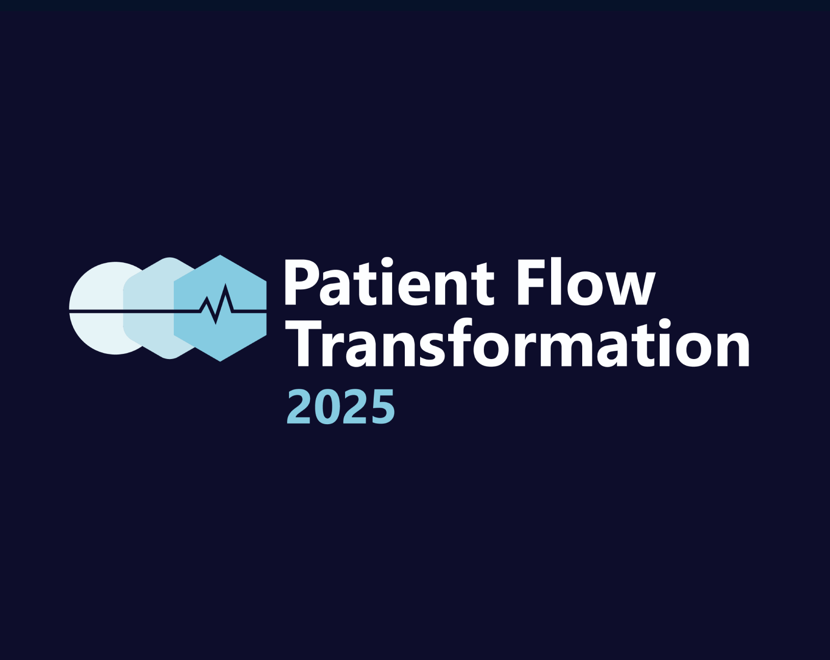 Patient Flow Transformation 2025 logo with overlapping blue hexagons and a heartbeat line.