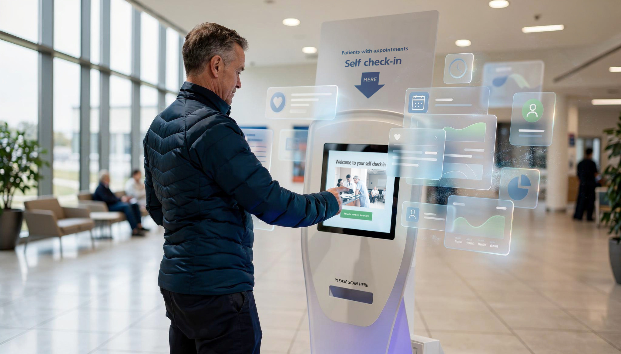 Man using a self check-in kiosk with digital health data icons in a medical facility lobby.