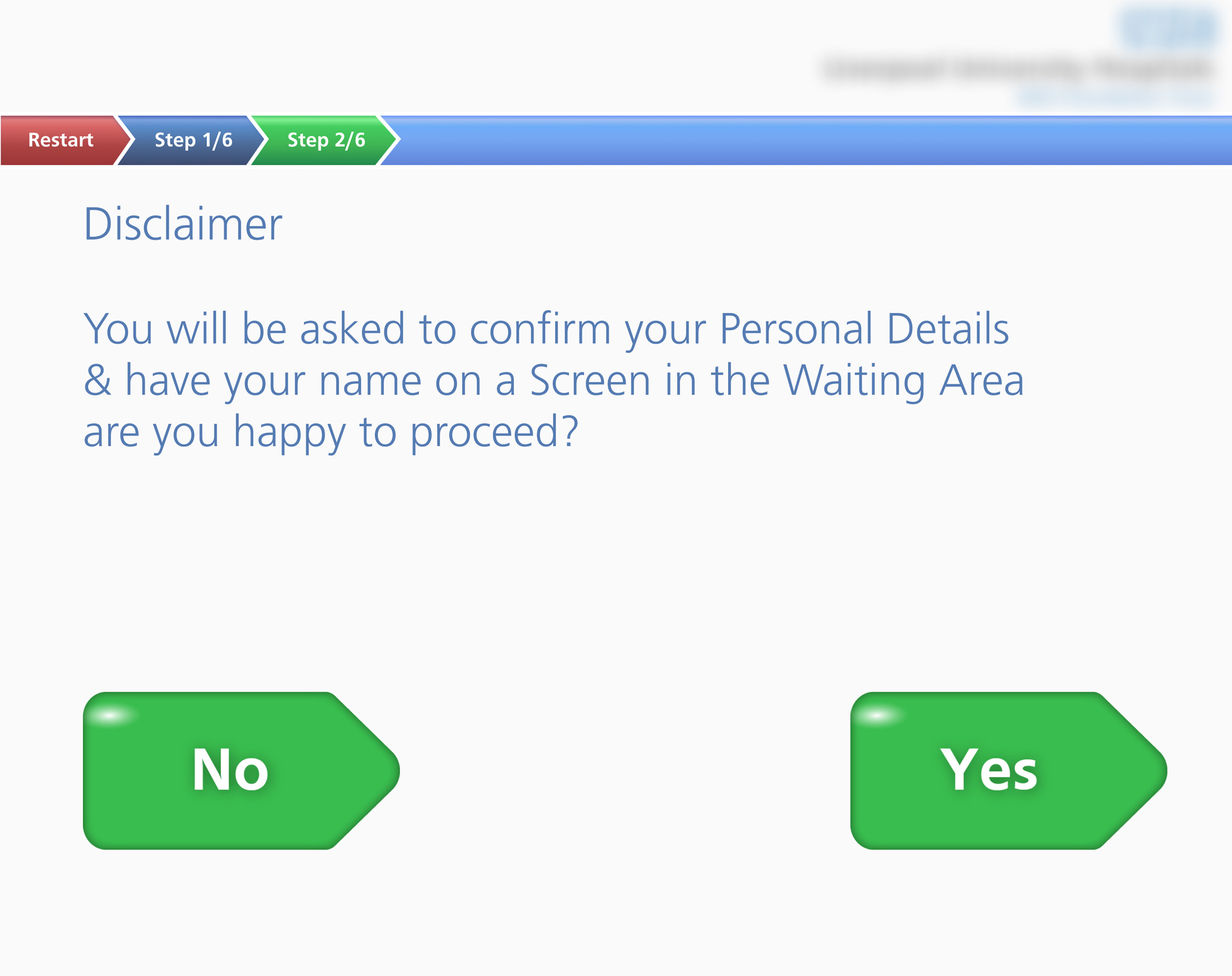 Screen asking to confirm personal details and consent to display name in waiting area with Yes and No buttons.