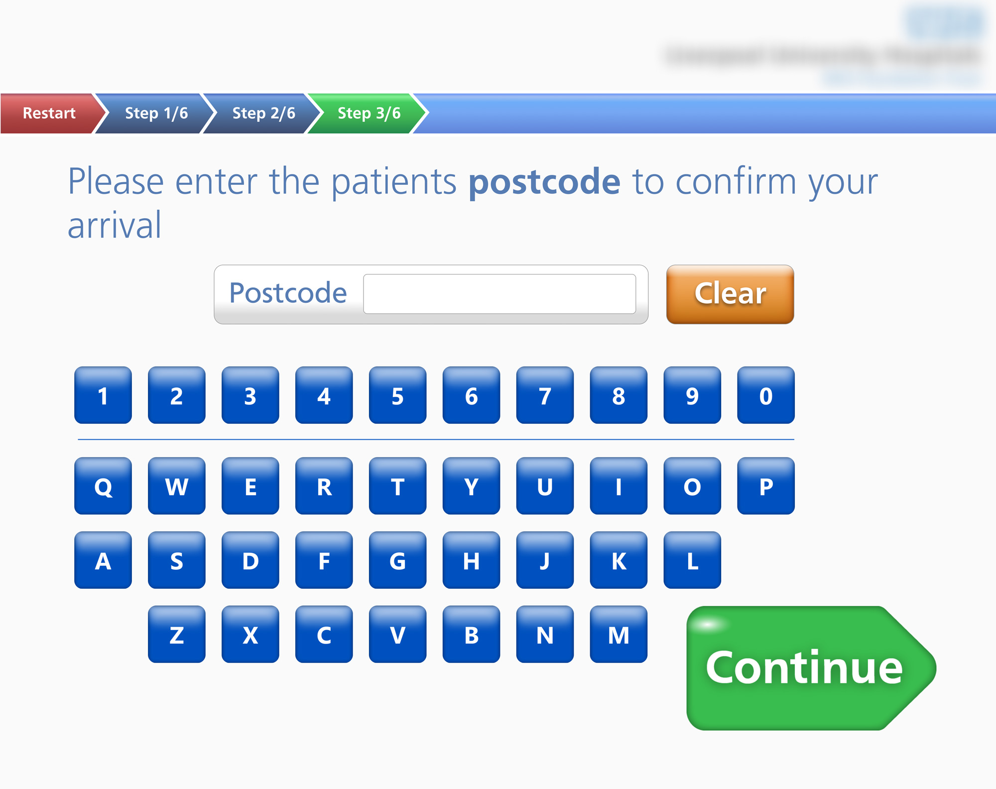 Self-check-in screen with prompt to enter patient postcode using on-screen keyboard and buttons Clear and Continue.