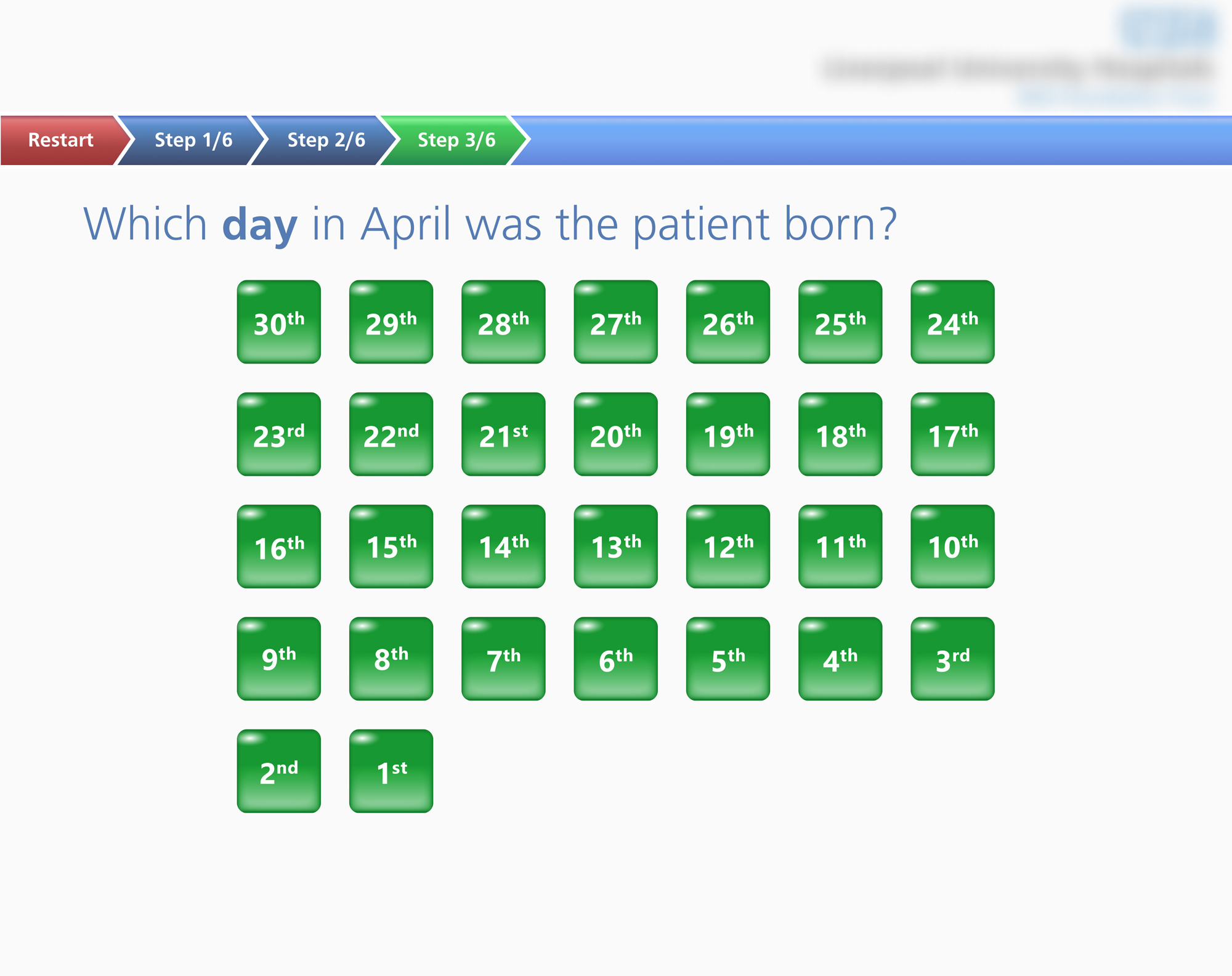 Step 3 of 6 in check-in: Select the patient’s birth day in April from green buttons numbered 1st to 30th.