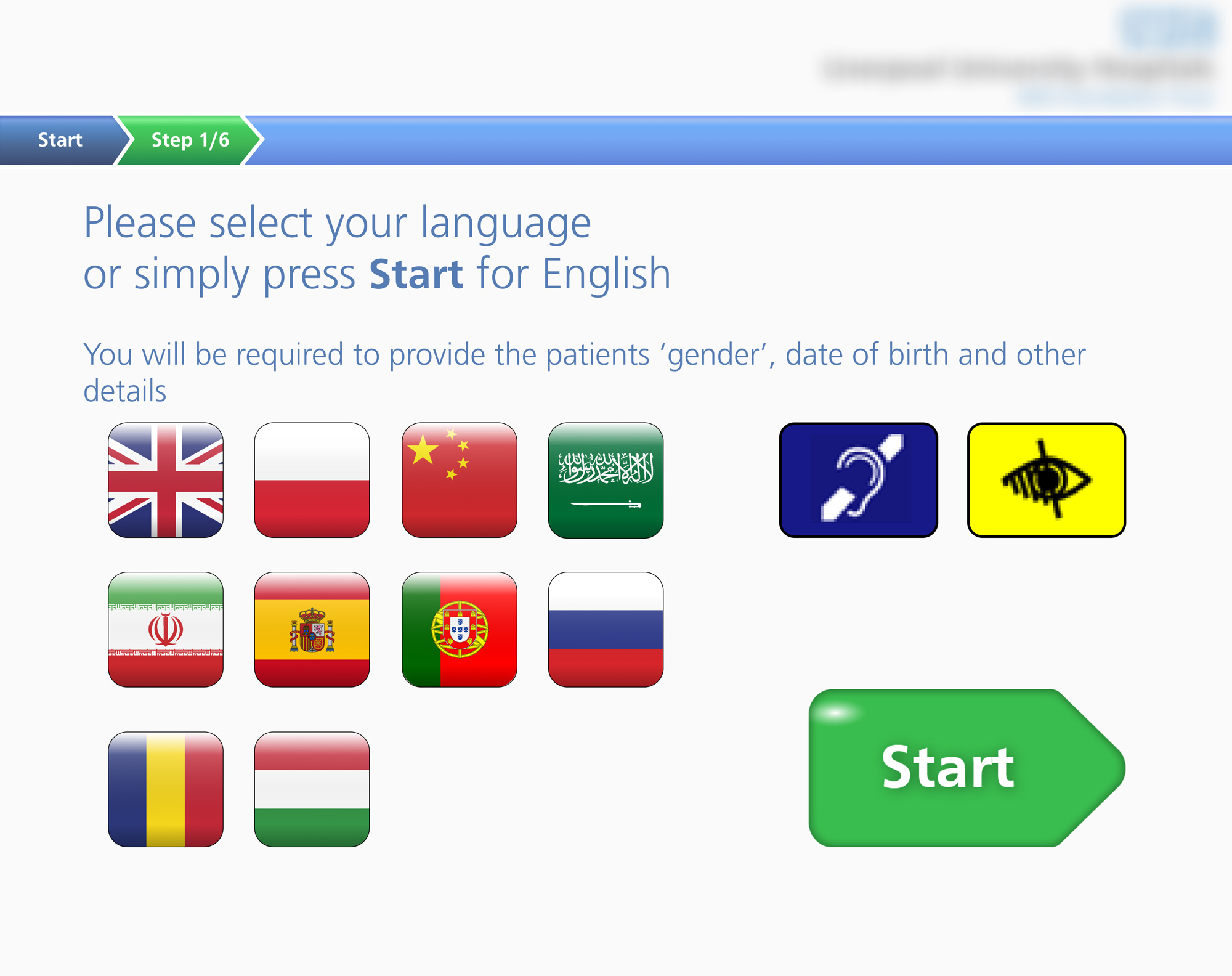 Language selection screen with flag icons, accessibility symbols, and a green Start button.