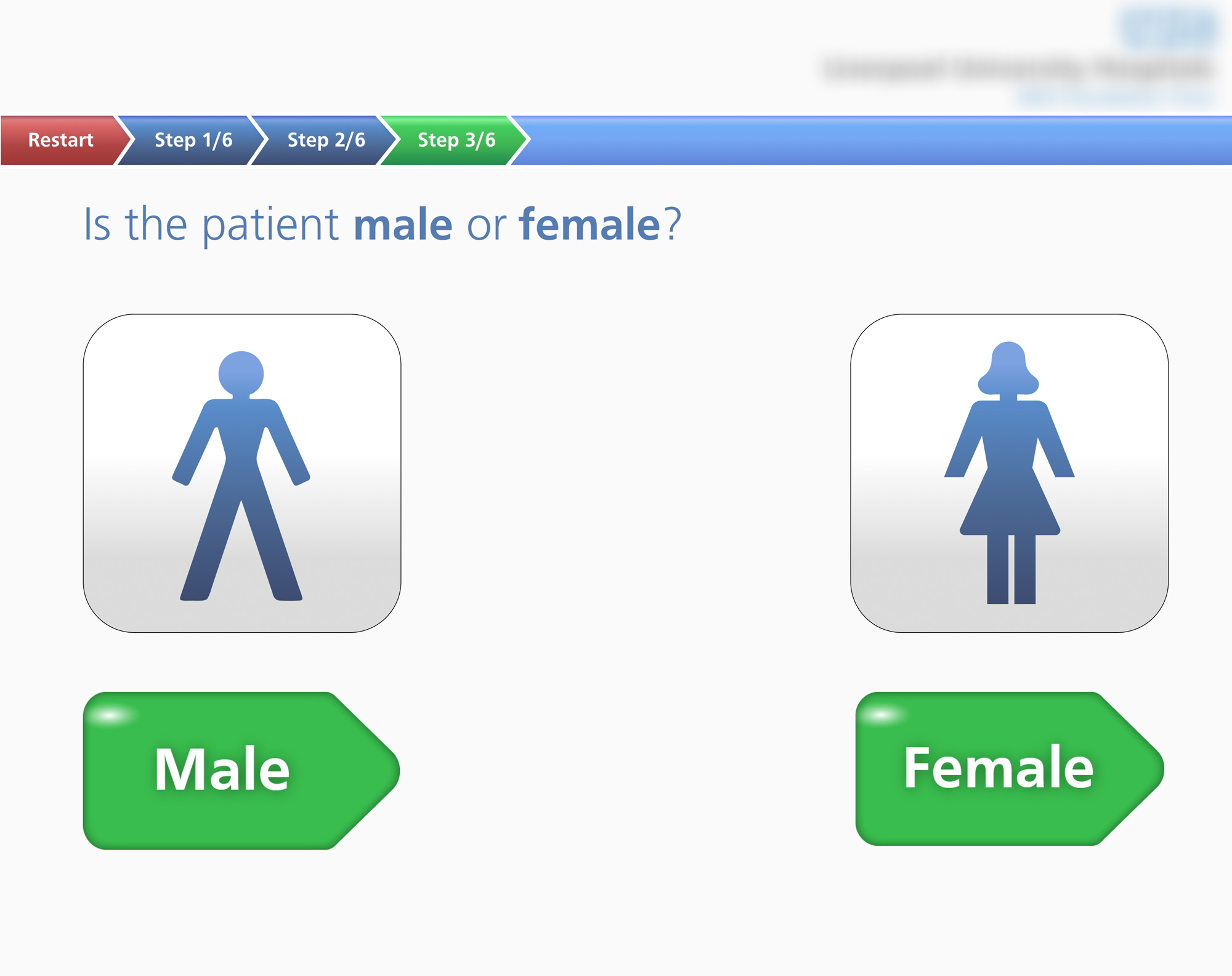 Interface asking if patient is male or female with male and female icons and buttons below each.