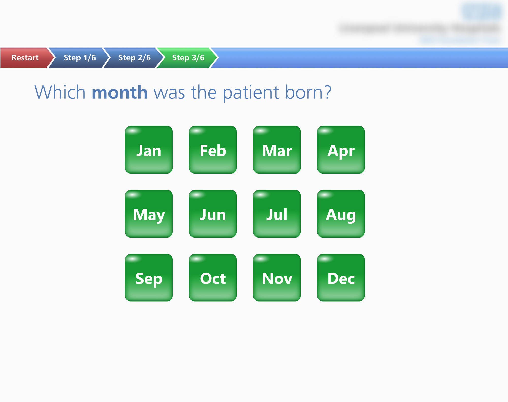 Medical form asking which month the patient was born with green buttons for each month.
