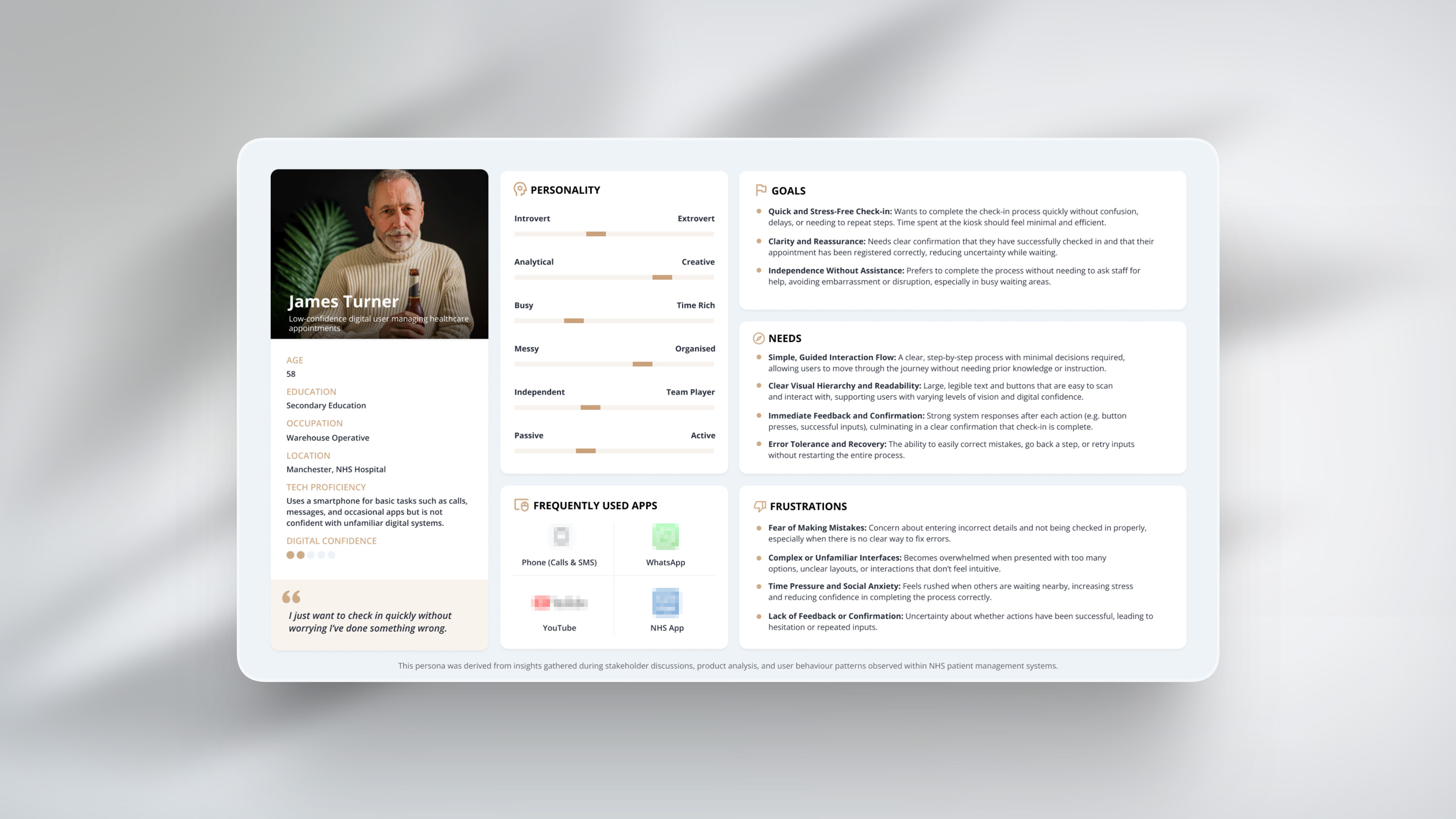 User persona of James Turner, 58, warehouse worker with low digital confidence for healthcare check-ins.